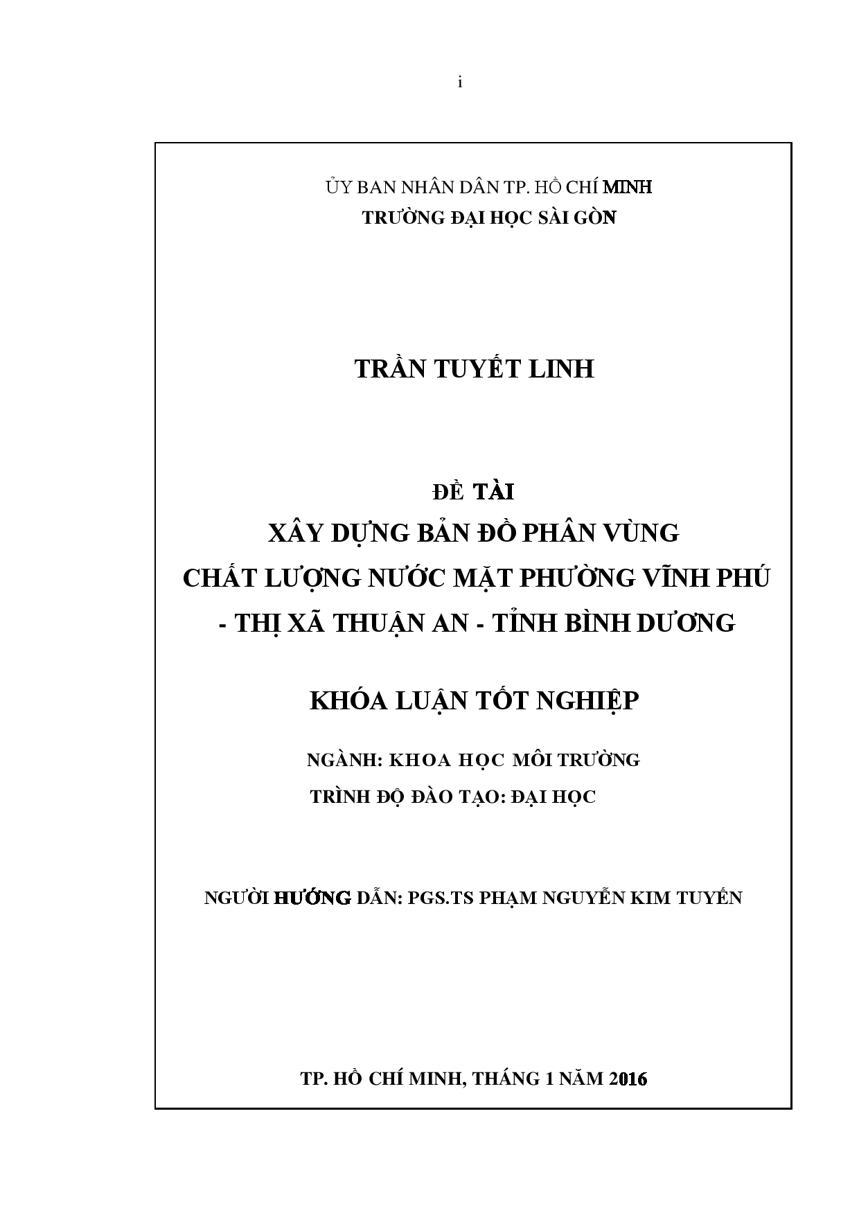 Xây dựng bản đồ phân vùng chất lượng nước mặt phường Vĩnh Phú - thị xã Thuận An - tỉnh Bình Dương  