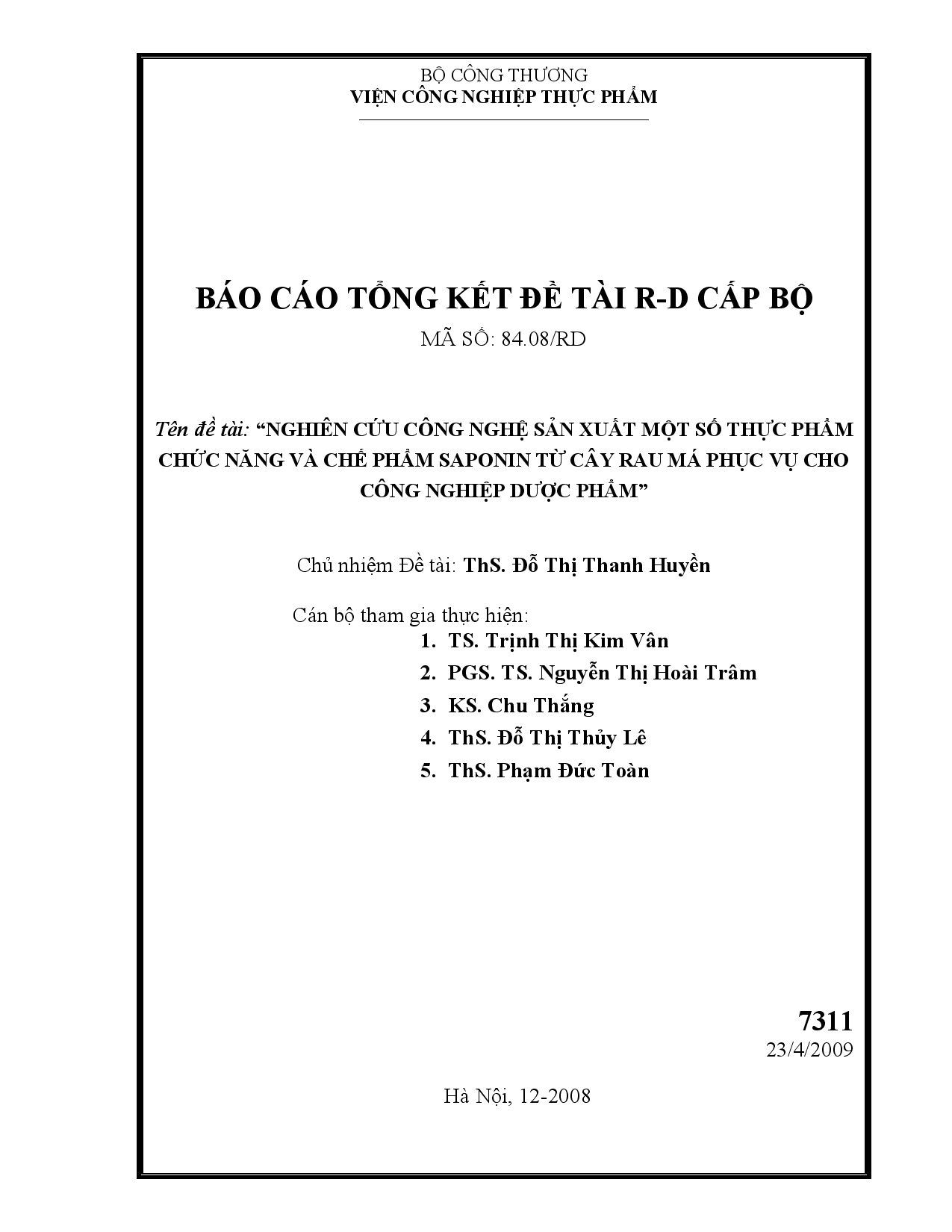 Nghiên cứu công nghệ sản xuất một số thực phẩm chức năng và chế phẩm Saponin từ cây rau má phục vụ cho công nghiệp dược phẩm  