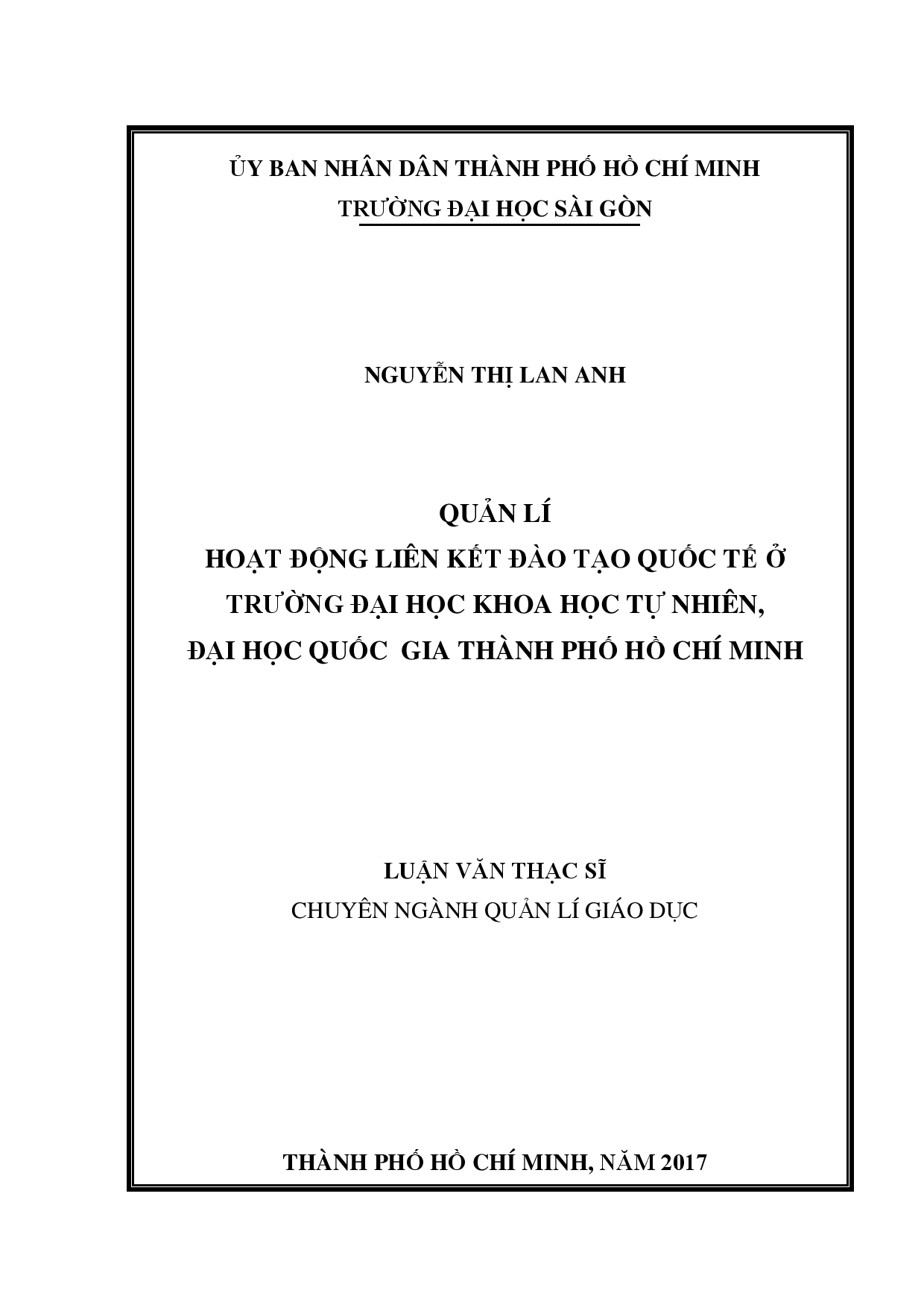 Quản lí hoạt động liên kết đào tạo quốc tế ở trường Đại học Khoa học tự nhiên, Đại học Quốc gia Thành phố Hồ Chí Minh  