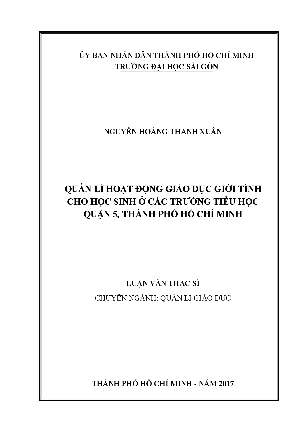 Quản lí hoạt động giáo dục giới tính cho học sinh ở các trường Tiểu học quận 5, Thành phố Hồ Chí Minh  