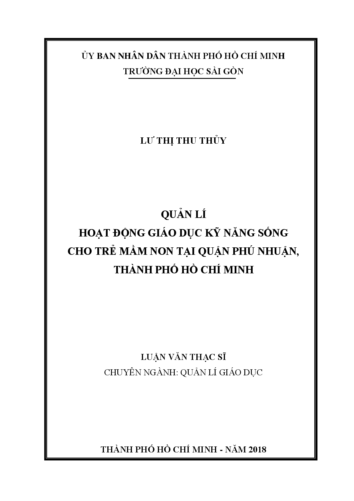 Quản lí hoạt động giáo dục kỹ năng sống cho trẻ mầm non tại quận Phú Nhuận, Thành phố Hồ Chí Minh  