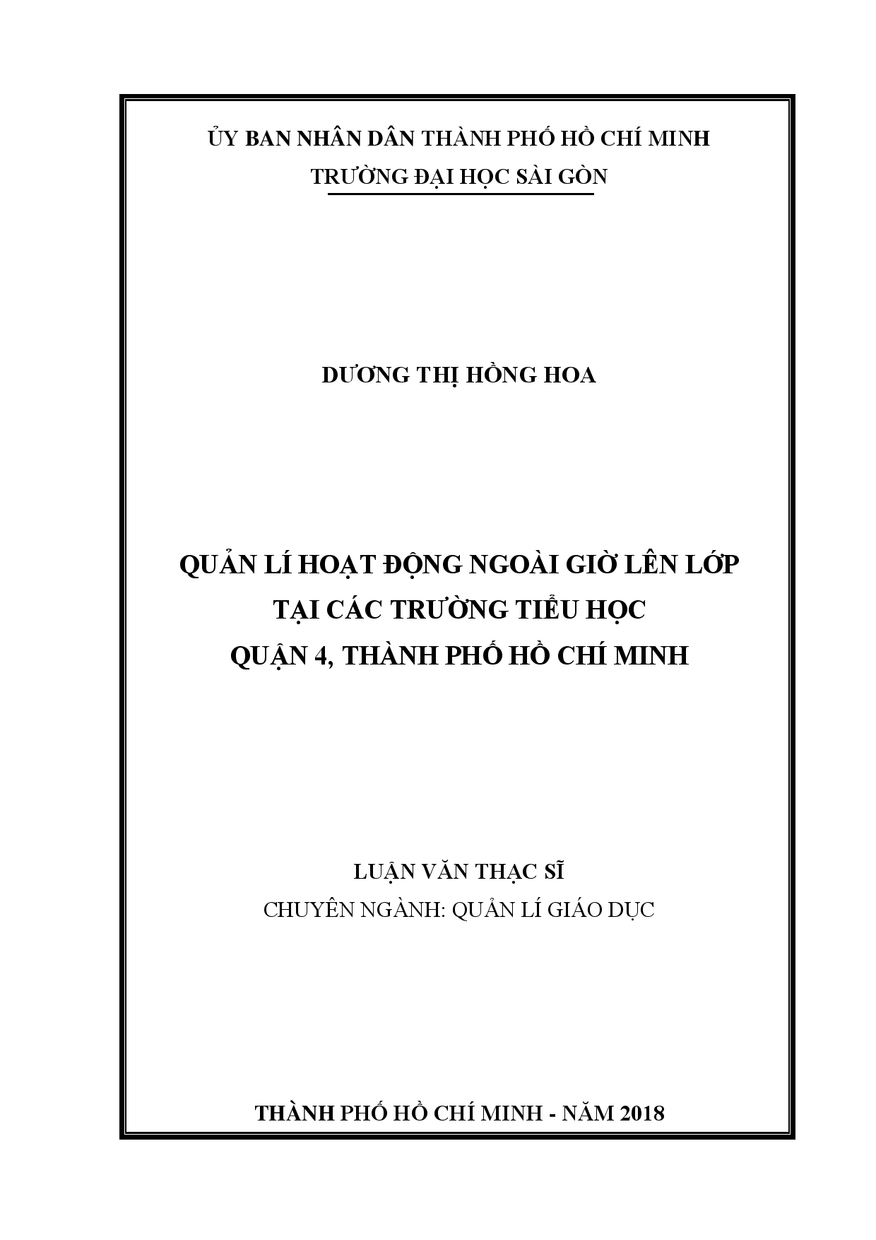 Quản lí hoạt động ngoài giờ lên lớp tại các trường tiểu học quận 4, Thành phố Hồ Chí Minh  