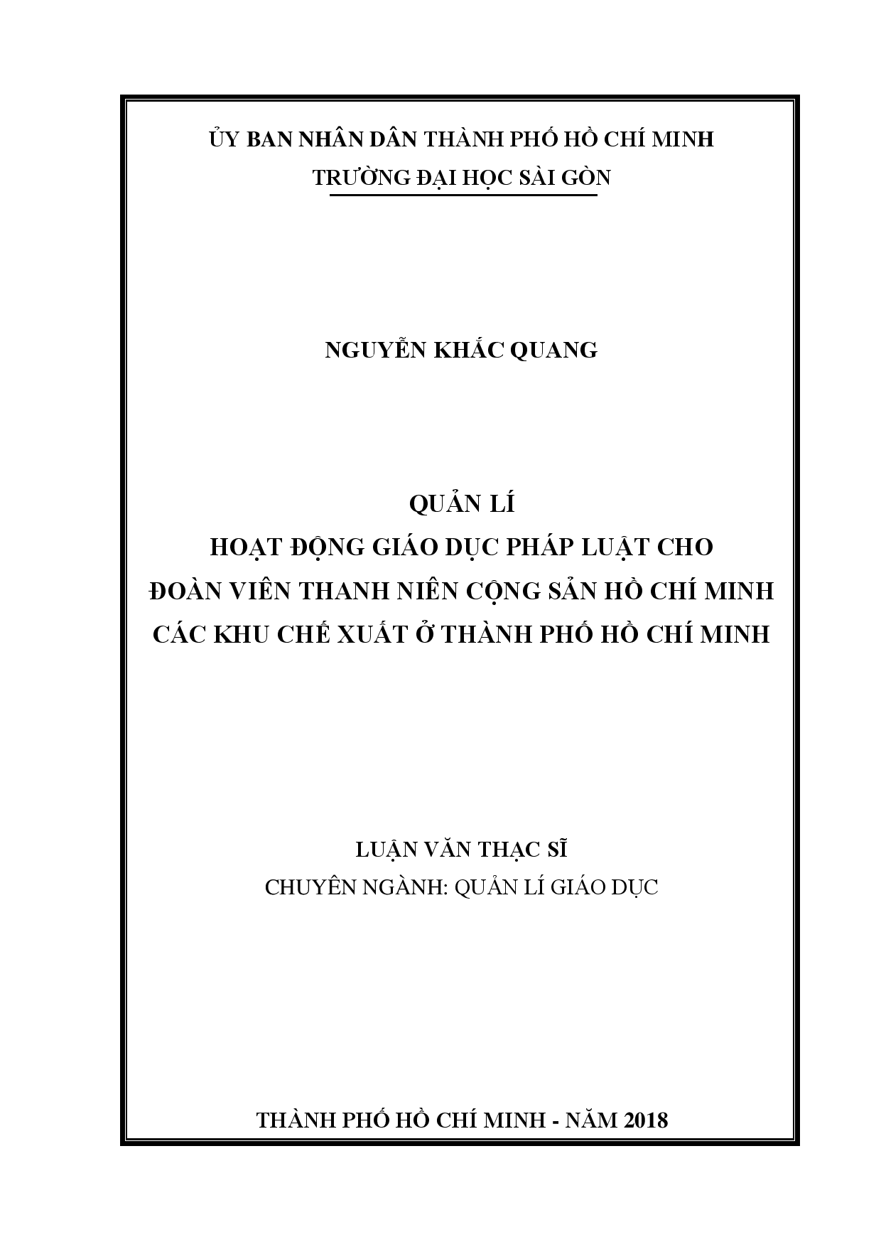 Quản lí hoạt động giáo dục pháp luật cho đoàn viên thanh niên Cộng sản Hồ Chí Minh các khu chế xuất ở thành phố Hồ Chí Minh  