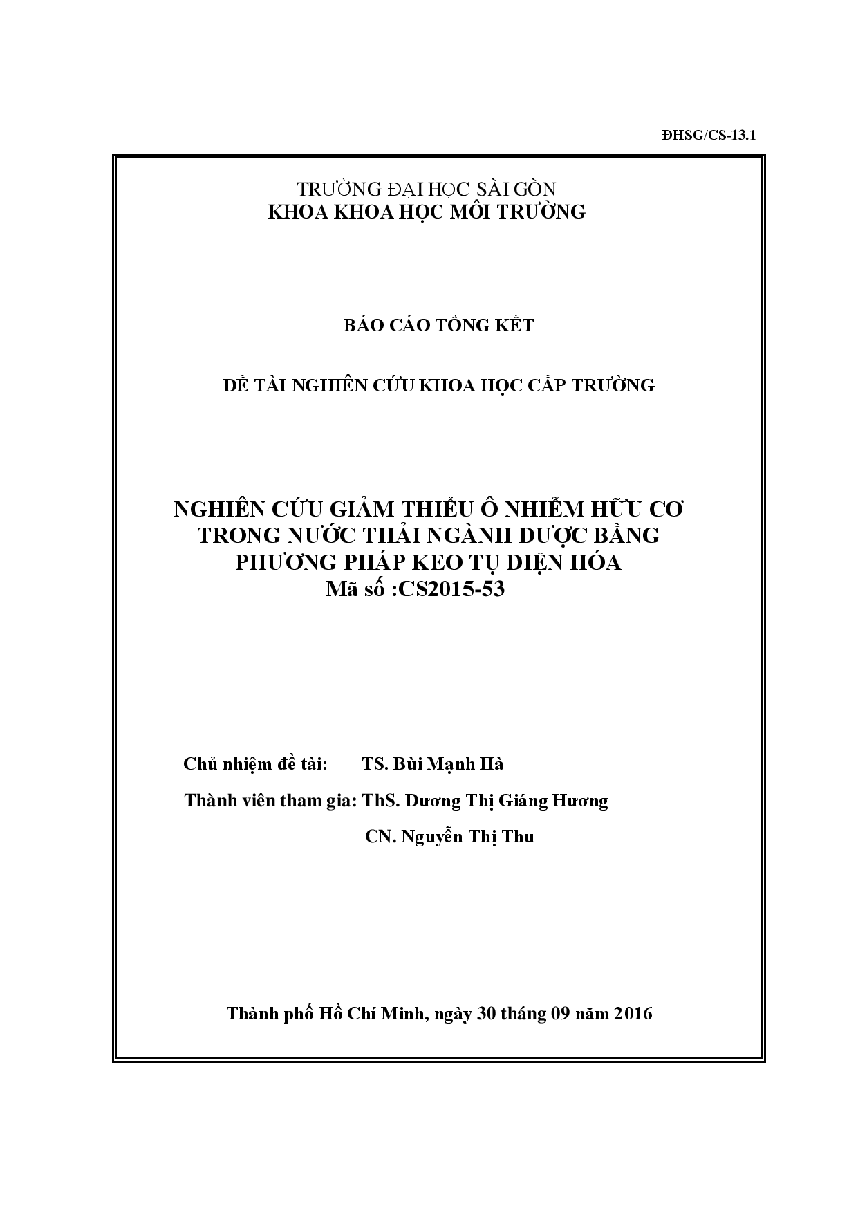 Nghiên cứu giảm thiểu ô nhiễm hữu cơ trong nước thải ngành dược bằng phương pháp keo tụ điện hóa  