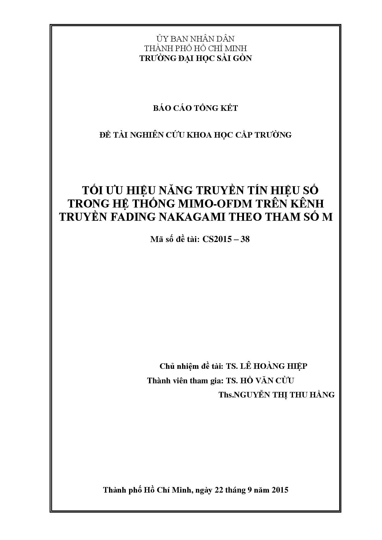 Tối ưu hiệu năng truyền tín hiệu số trong hệ thống Mimo-Ofdm trên kênh truyền Fading Nakagami theo tham số M  