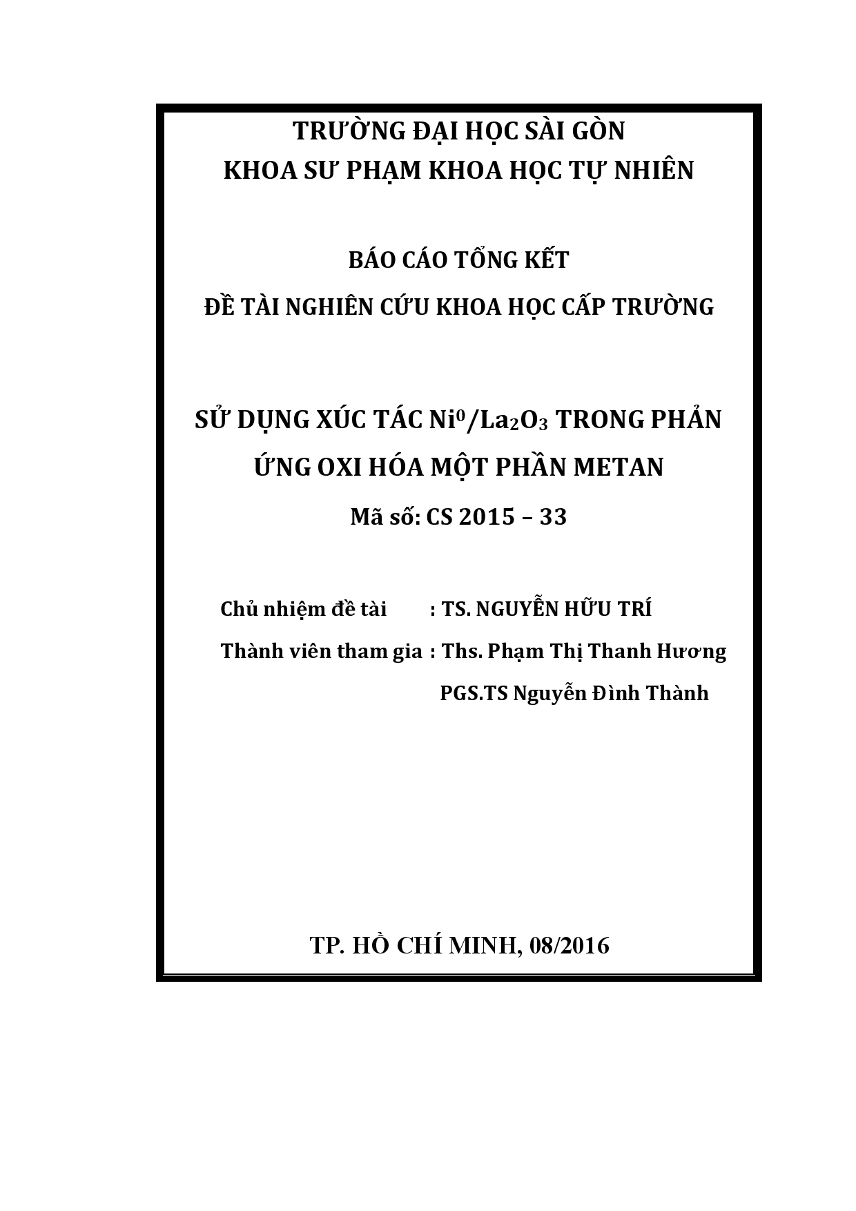 Sử dụng xúc tác Nio/La2O3 trong phản ứng oxi hóa một phần Metan  