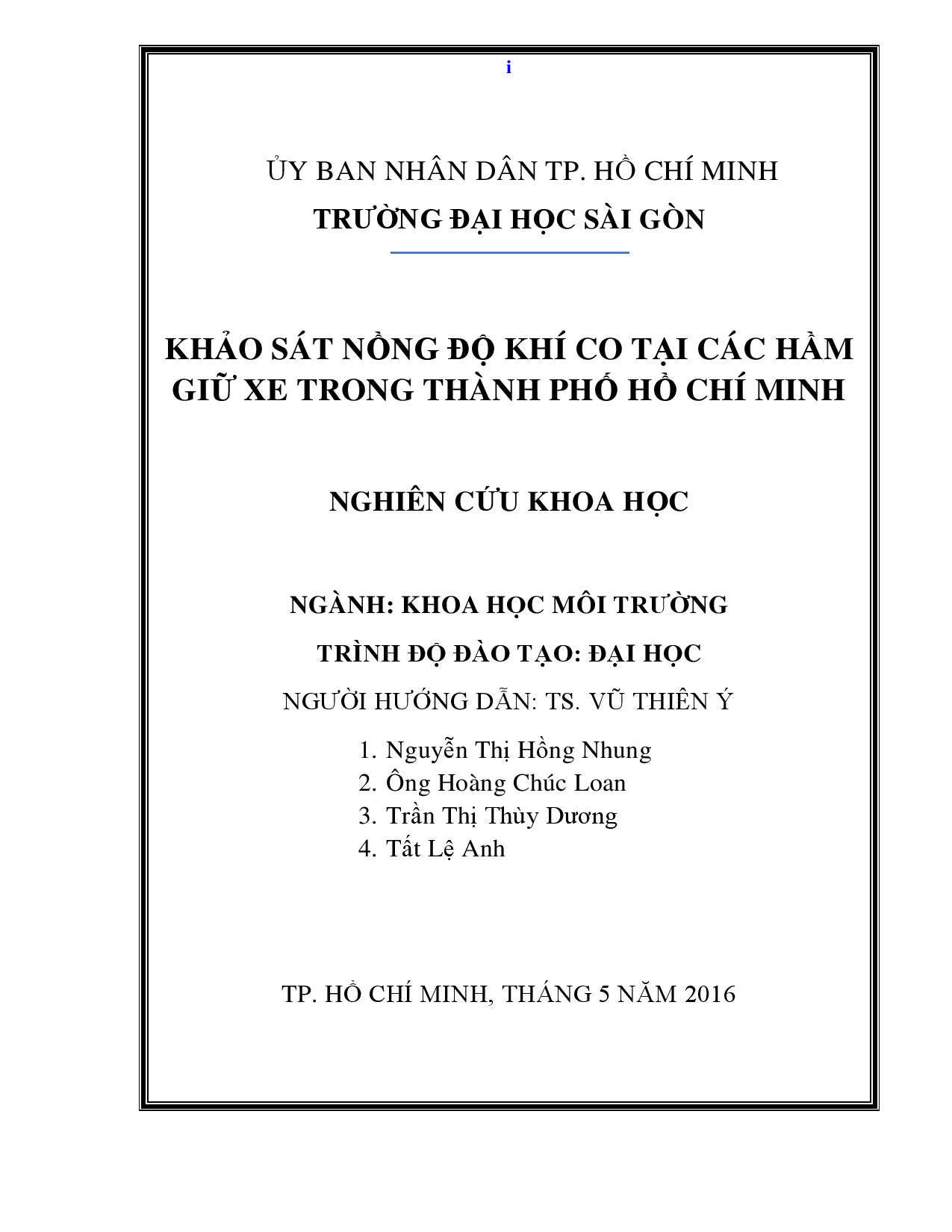 Khảo sát nồng độ khí CO tại một số hầm giữ xe trong TP. Hồ Chí Minh  