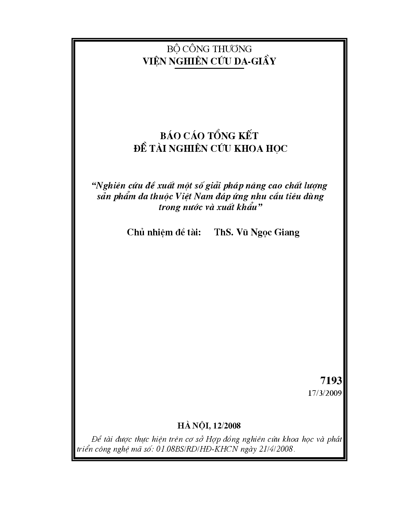 Nghiên cứu đề xuất một số giải pháp nâng cao chất lượng sản phẩm da thuộc Việt Nam đáp ứng nhu cầu tiêu dùng trong nước và xuất khẩu  