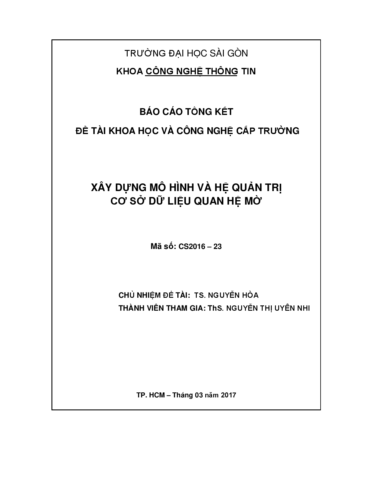 Xây dựng mô hình và hệ quản trị cơ sở dữ liệu quan hệ mờ  