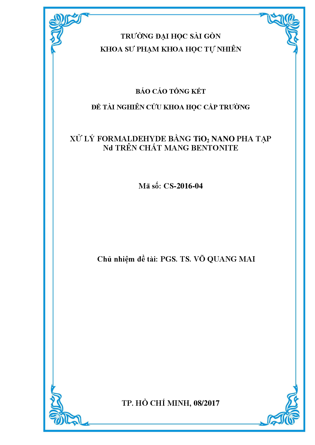 Xử lý Formaldehyde bằng TiO2 nano pha tạp Nd trên chất mang Bentonite  