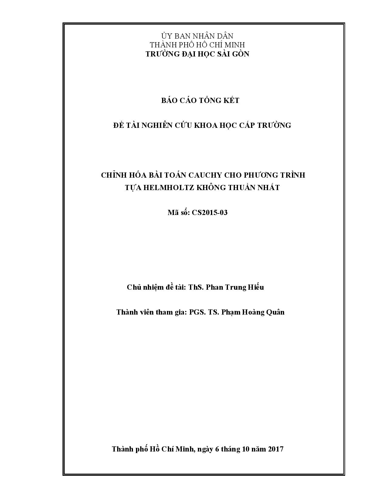 Chỉnh hóa bài toán Cauchy cho phương trình tựa Helmholtz không thuần nhất  