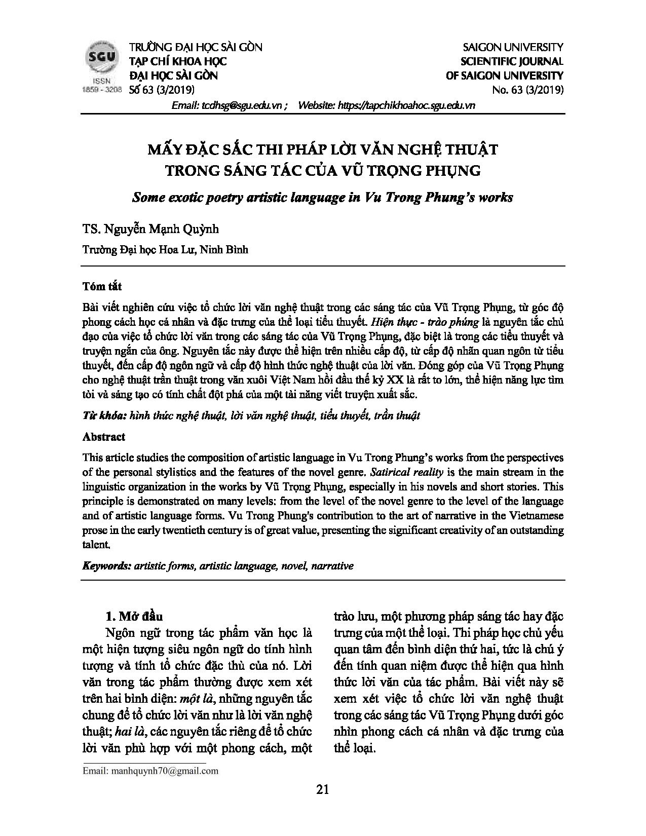 Mấy đặc sắc thi pháp lời văn nghệ thuật trong sáng tác của Vũ Trọng Phụng  