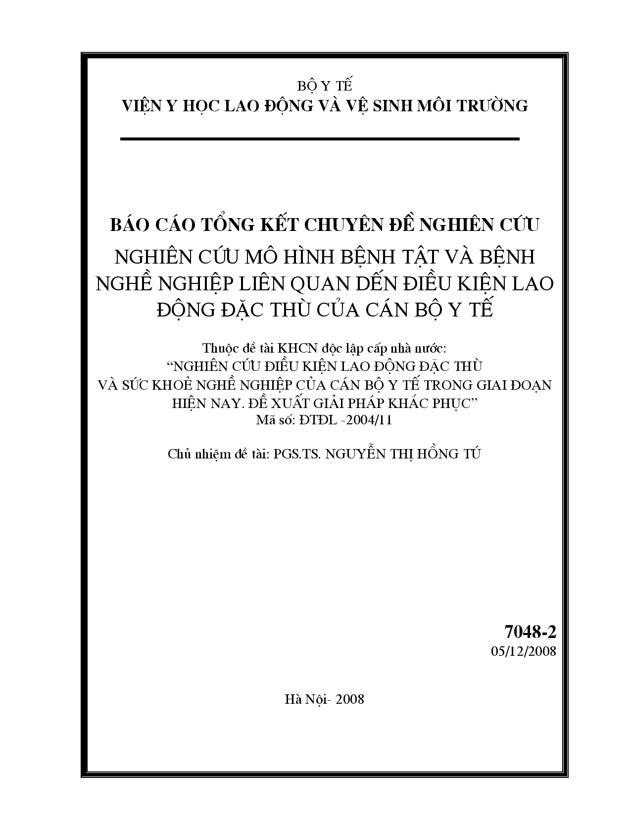 Nghiên cứu mô hình bệnh tật và bệnh nghề nghiệp liên quan đến điều kiện lao động đặc thù của cán bộ y tế  