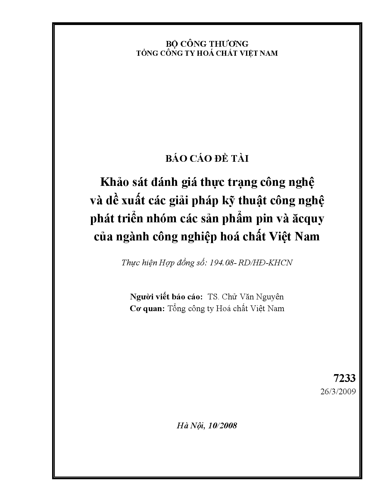 Khảo sát đánh giá thực trạng công nghệ phát triển nhóm các sản phẩm pin và ăcquy của ngành công nghiệp hóa chất Việt Nam  