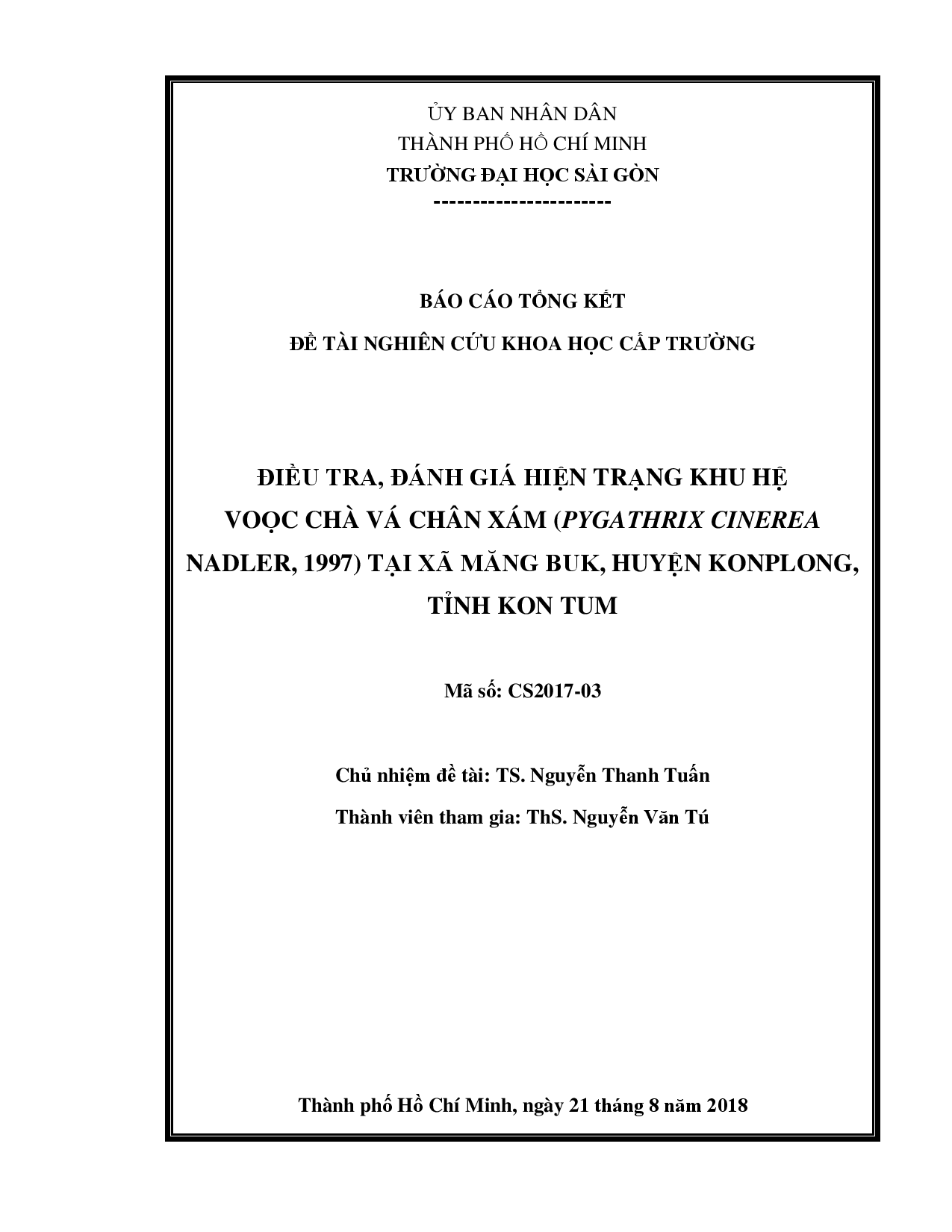 Điều tra, đánh giá hiện trạng khu hệ Vọoc Chà Vá chân xám (Pygathrix Cinerea Nadler, 1997) tại xã Măng Buk, huyện Konplong, tỉnh Kon Tum  