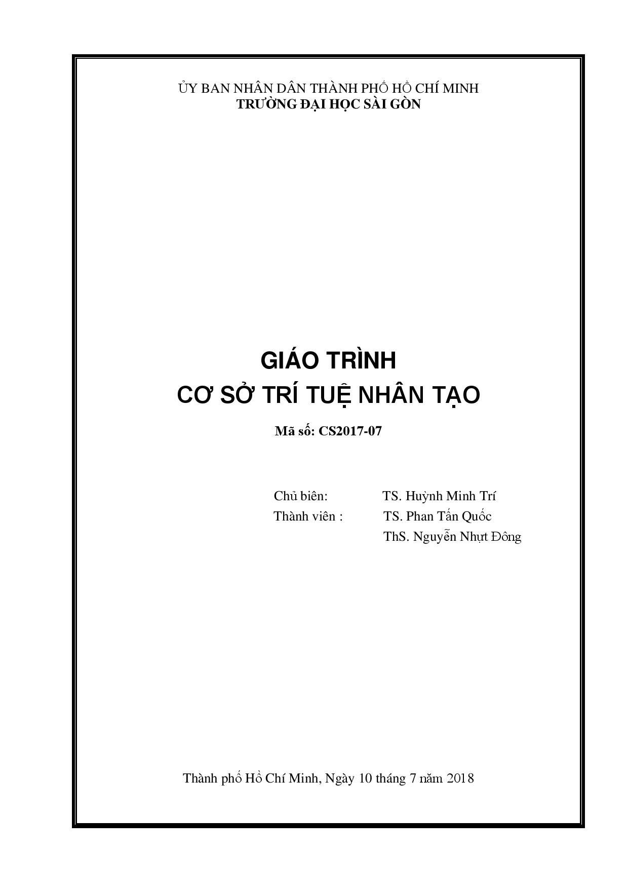 Giáo trình Cơ sở trí tuệ nhân tạo : SbGiáo trình : Mã số GT : GT2017 - 07  