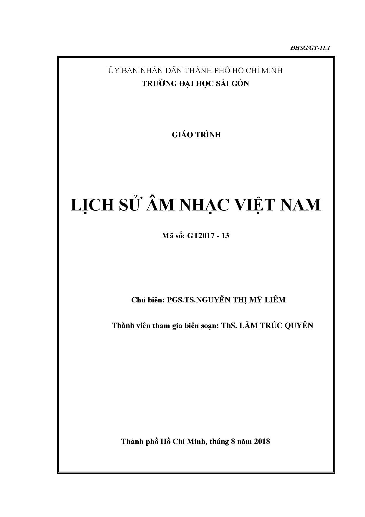 Lịch sử âm nhạc Việt Nam : SbGiáo trình : Mã số GT : GT2017 - 13  