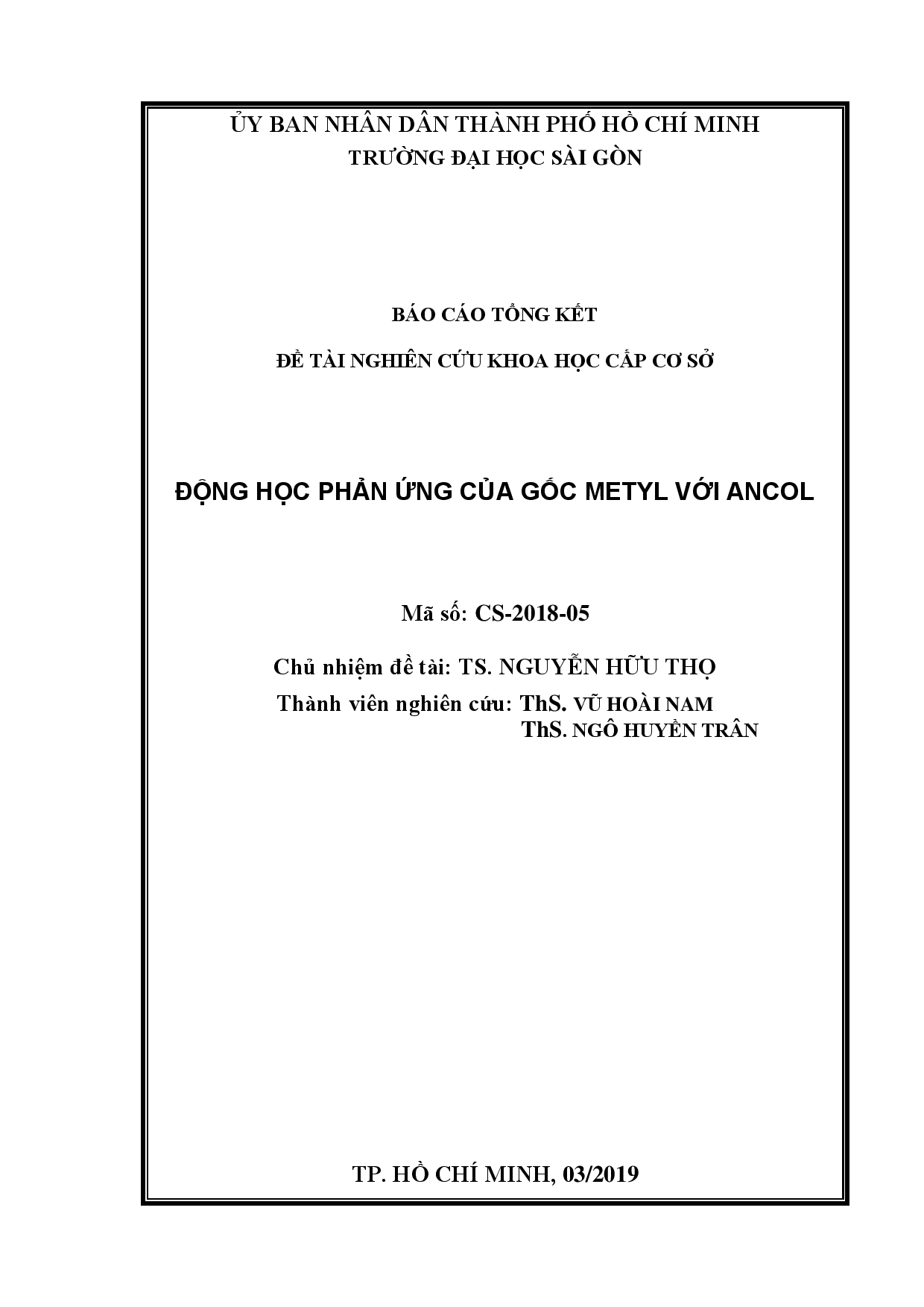 Động học phản ứng của gốc Metyl với Ancol  