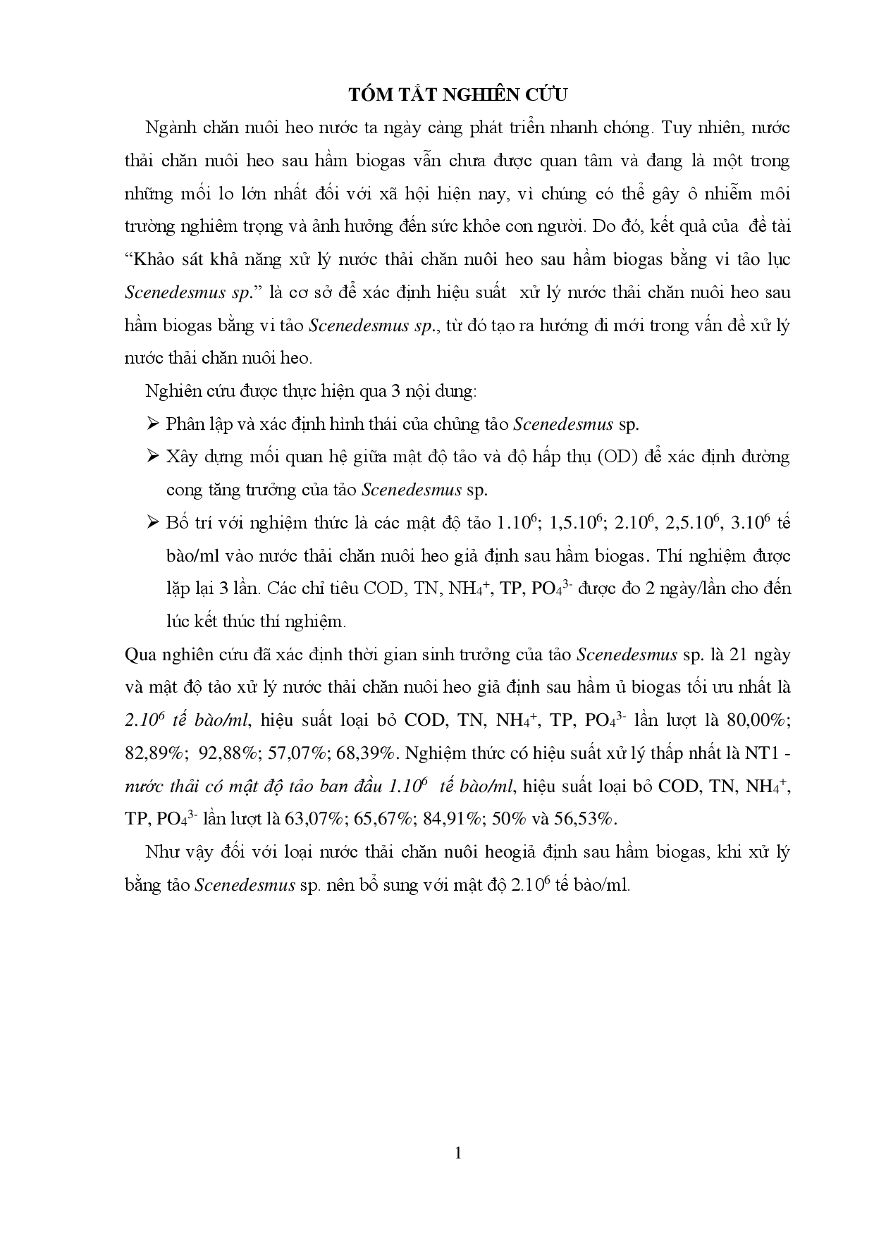 Nghiên cứu khả năng xử lý nước thải chăn nuôi heo sau hầm Biogas bằng vi tảo lục Scenedesmus sp.  