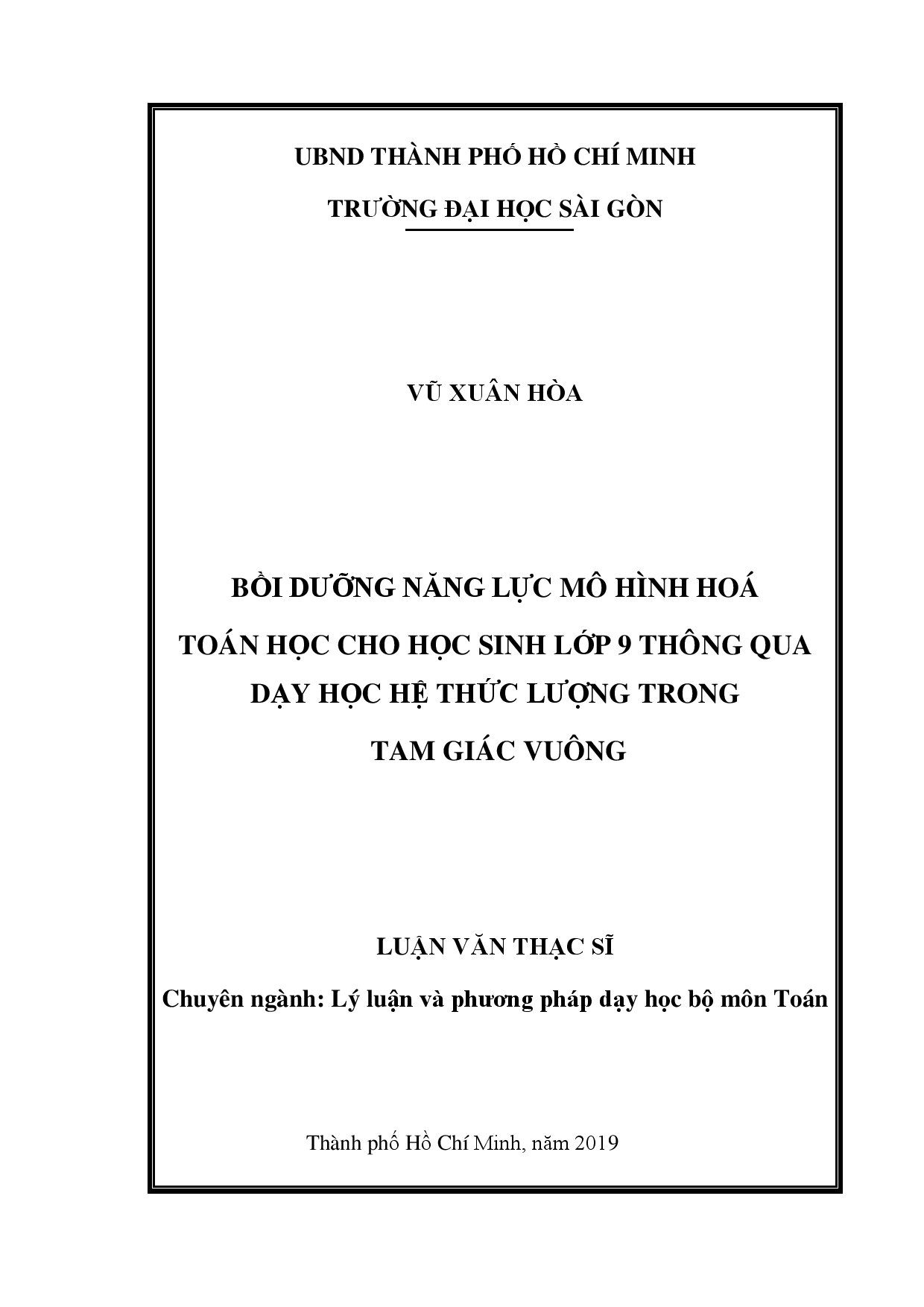 Bồi dưỡng năng lực mô hình hóa toán học cho học sinh lớp 9 thông qua dạy học hệ thức lượng trong tam giác vuông  