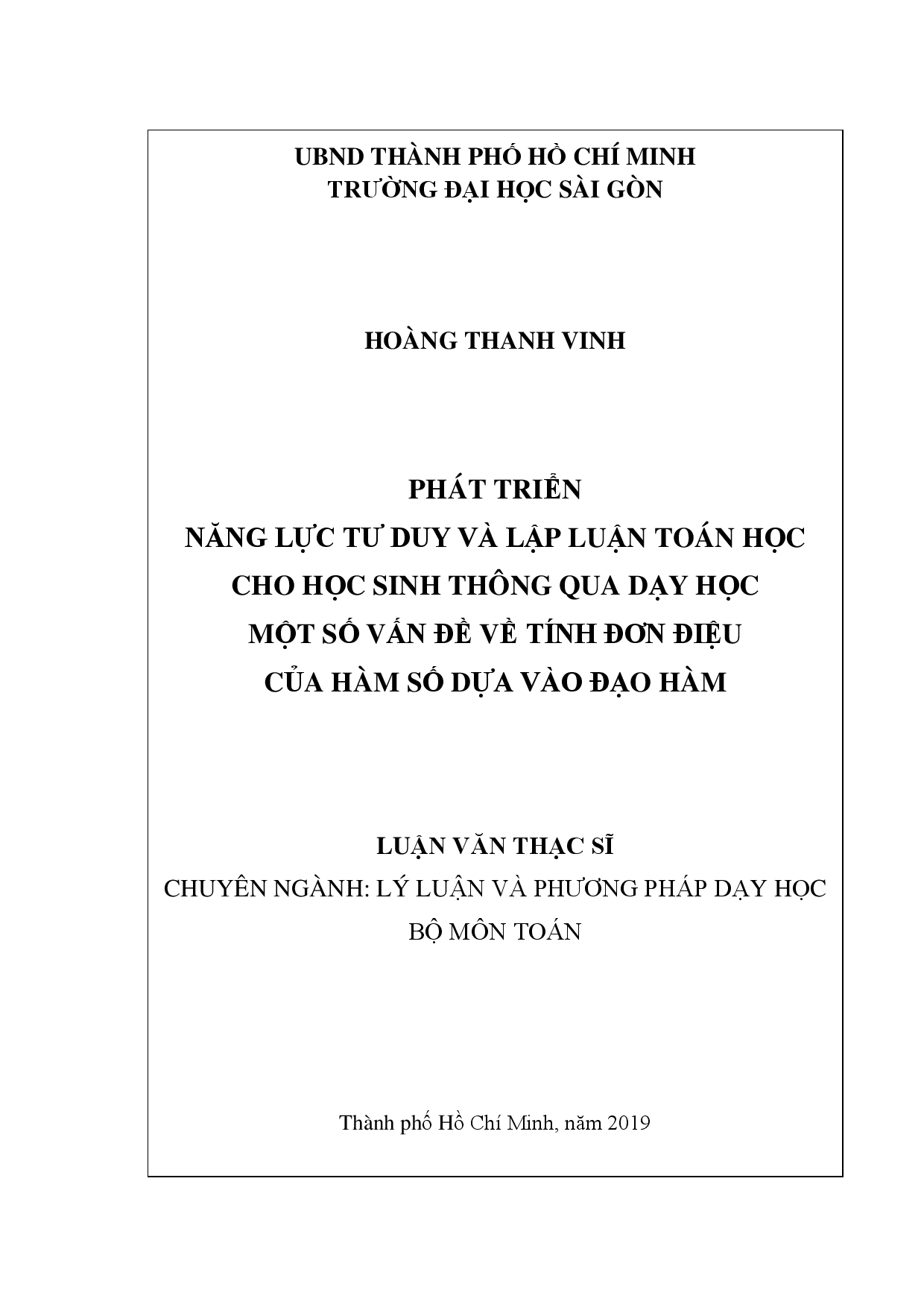 Phát triển năng lực tư duy và lập luận toán học cho học sinh thông qua dạy học một số  vấn đề về tính đơn điệu của hàm số dựa vào đạo hàm  