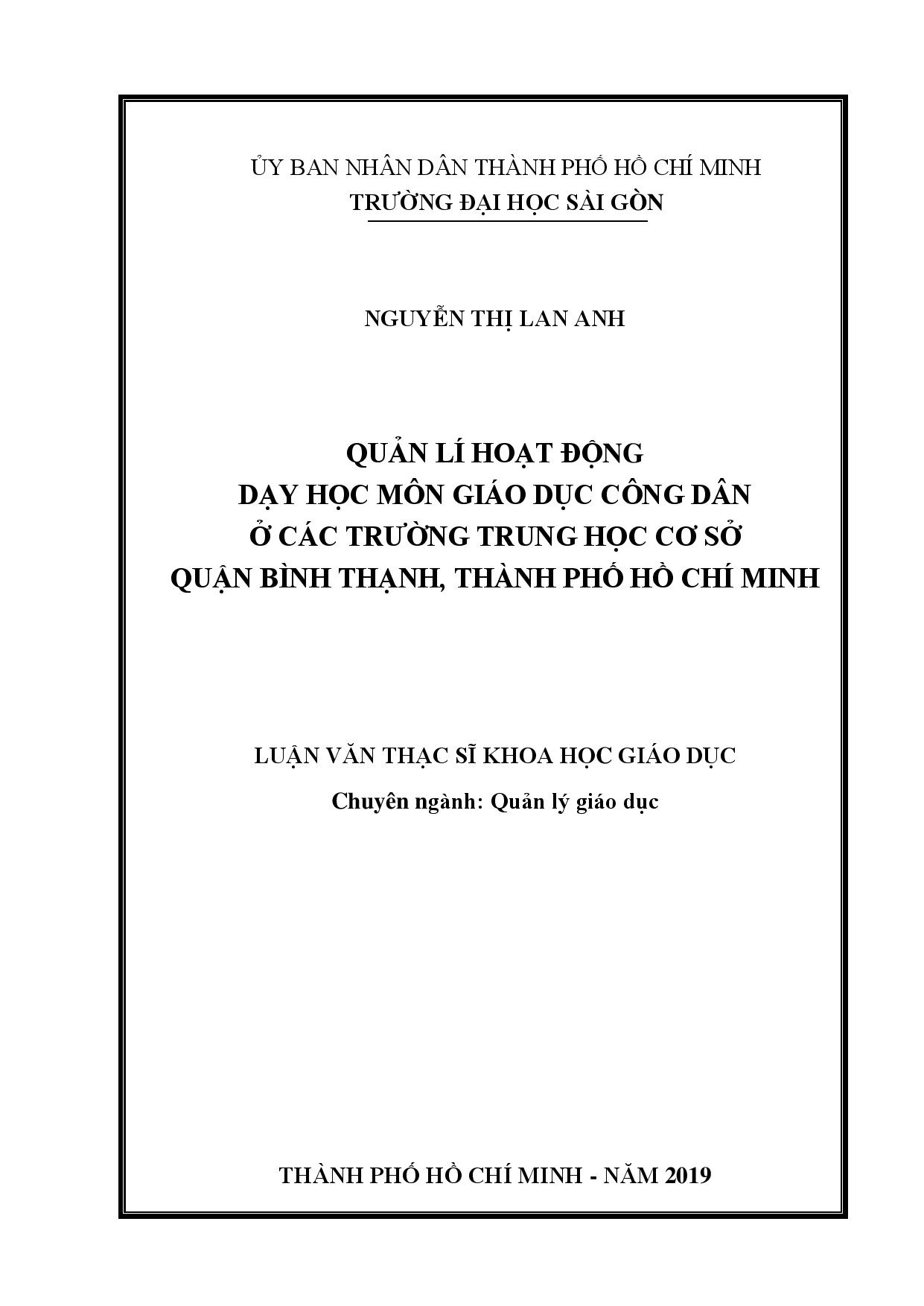 Quản lí hoạt động dạy học môn giáo dục công dân ở các trường trung học cơ sở quận Bình Thạnh, Thành phố Hồ Chí Minh  