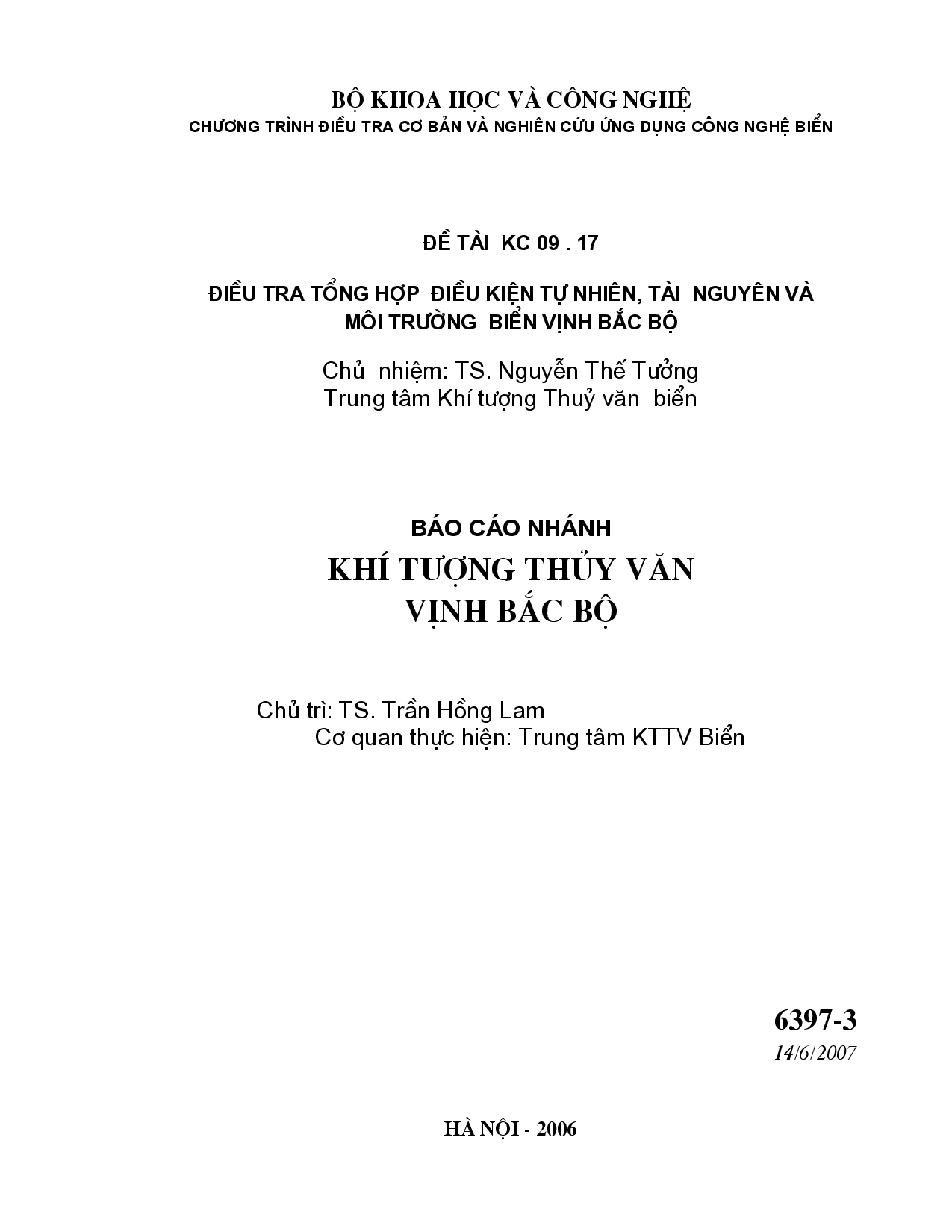 Điều tra tổng hợp điều kiện tự nhiên, tài nguyên và môi trường biển Vịnh Bắc Bộ  