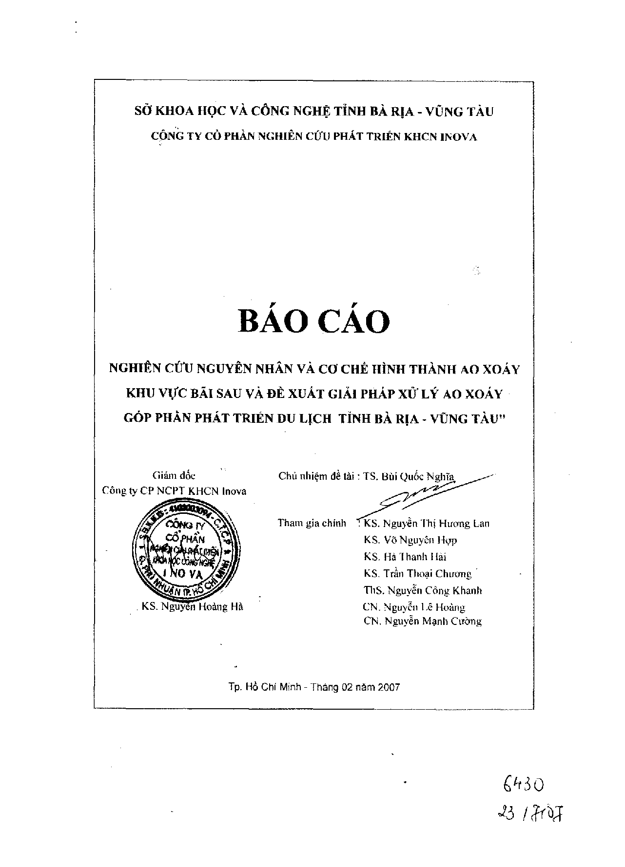 Nghiên cứu nguyên nhân và cơ chế hình thành ao xoáy khu vực bãi sau và đề xuất giải pháp xử lý ao xoáy góp phần phát triển du lịch tỉnh Bà Rịa - Vũng Tàu  