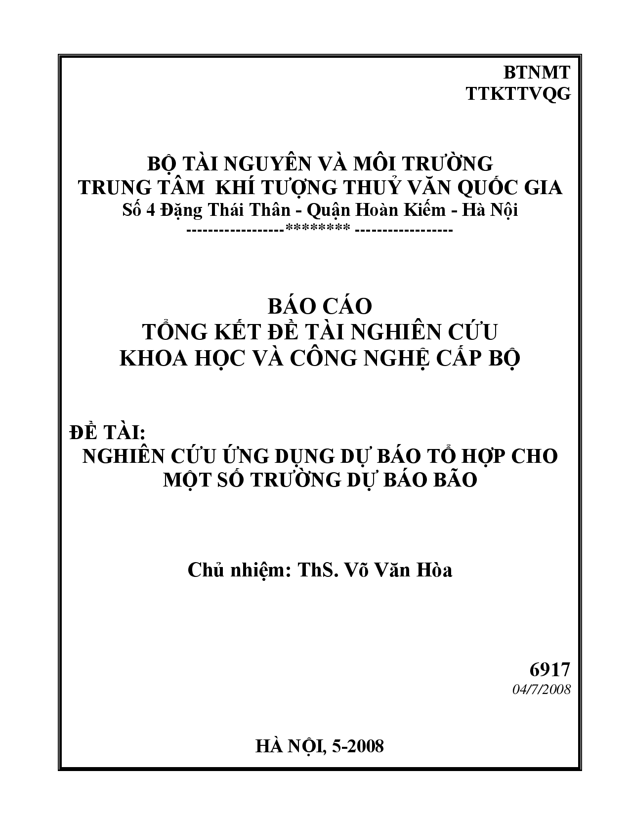 Nghiên cứu ứng dụng dự báo tổ hợp cho một số trường dự báo bão  