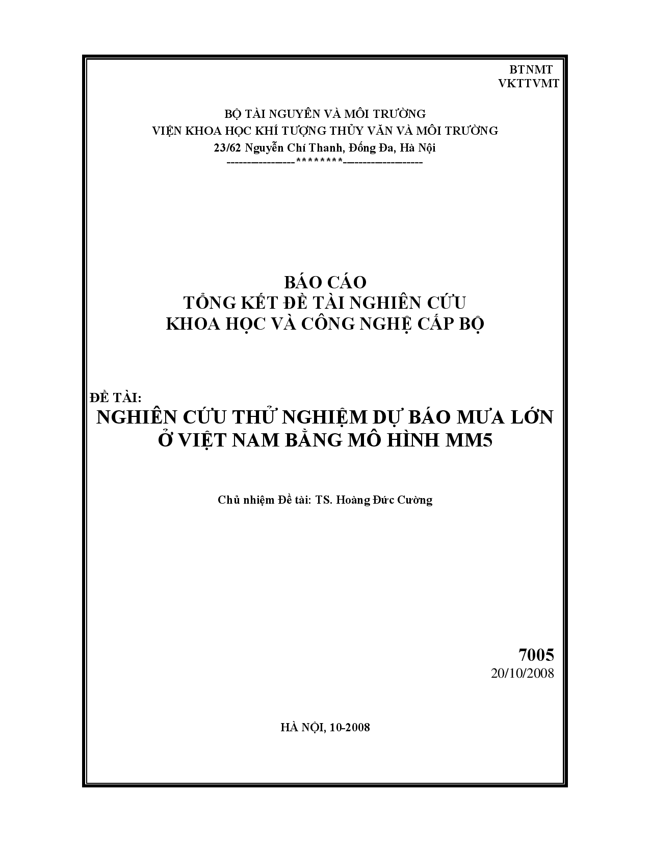 Nghiên cứu thử nghiệm dự báo mưa lớn ở Việt Nam bằng mô hình MM5  