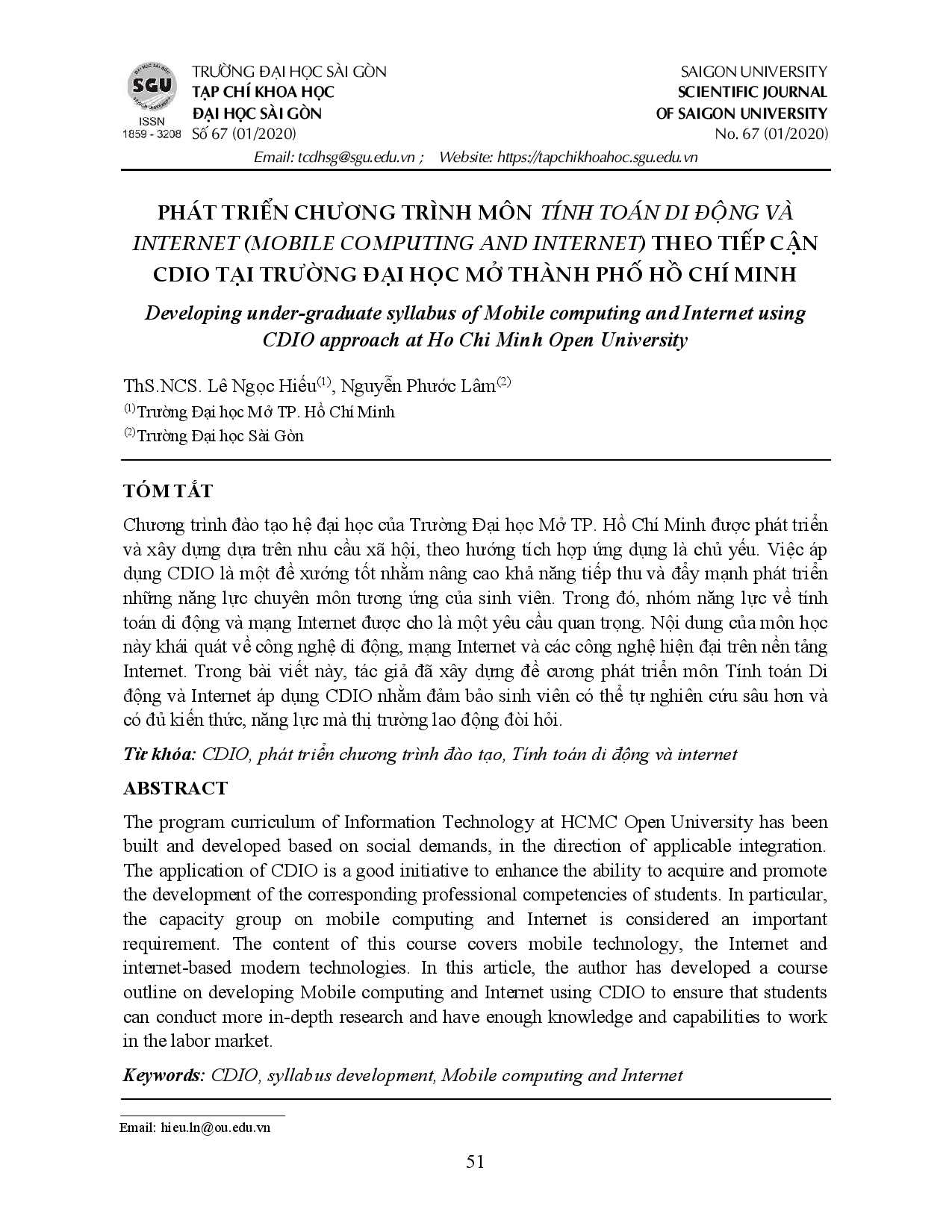 Phát triển chương trình môn tính toán di động và Internet (Mobile computing and internet) theo tiếp cận CDIO tại trường Đại học Mở Thành phố Hồ Chí Minh  