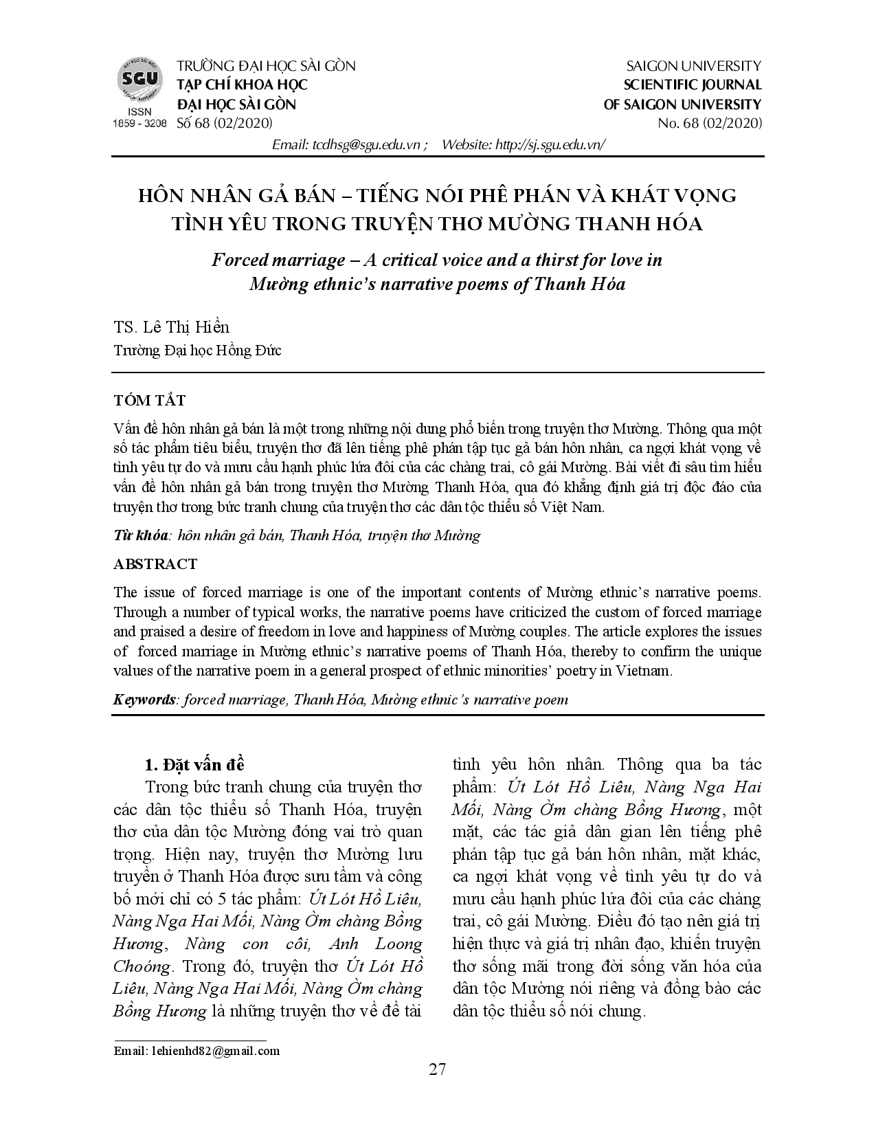 Hôn nhân gả bán - Tiếng nói phê phán và khát vọng tình yêu trong truyện thơ Mường Thanh Hóa  