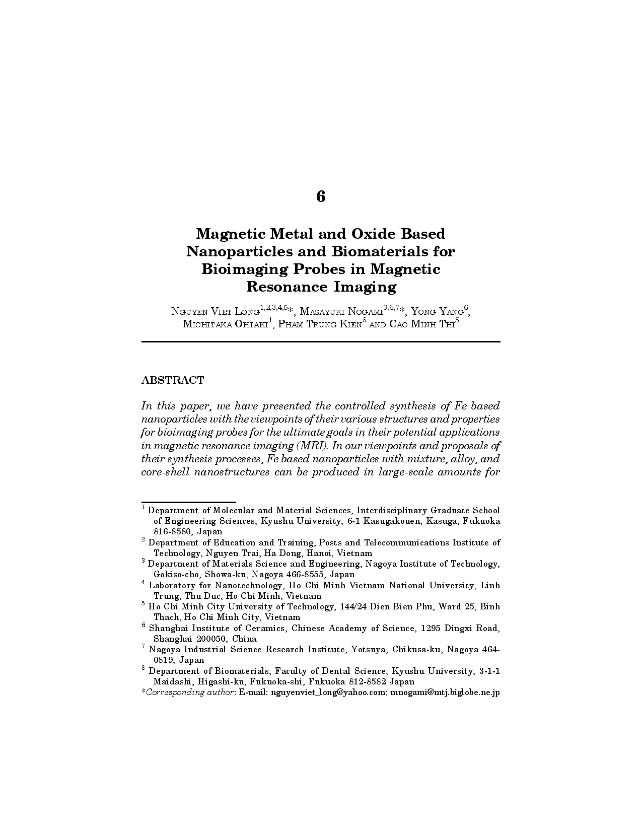 Magnetic Metal and Oxide Based Nanoparticles and Biomaterials for Bioimaging Probes in Magnetic Resonance Imaging Chapter 6 