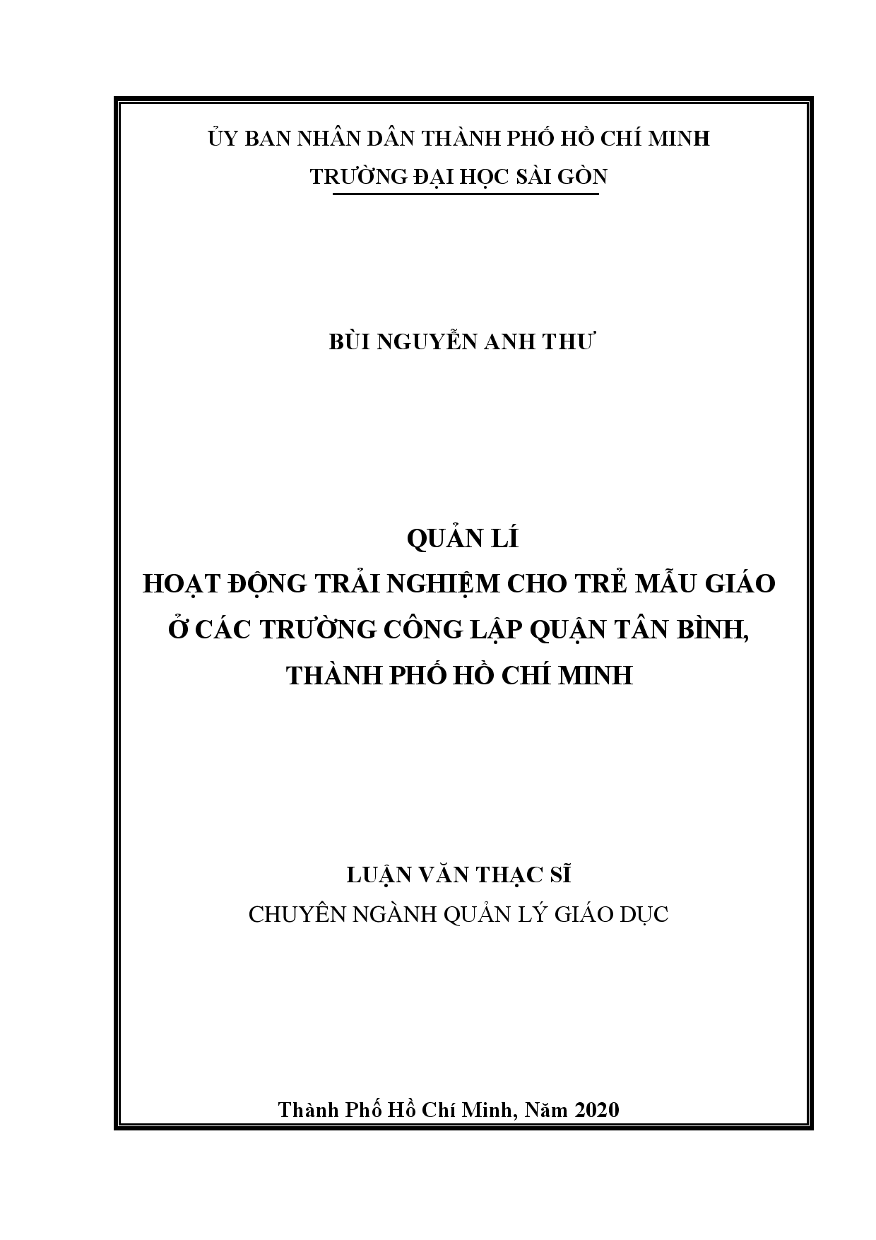 Quản lí hoạt động trải nghiệm cho trẻ mẫu giáo ở các trường công lập quận Tân Bình, thành phố Hồ Chí Minh  