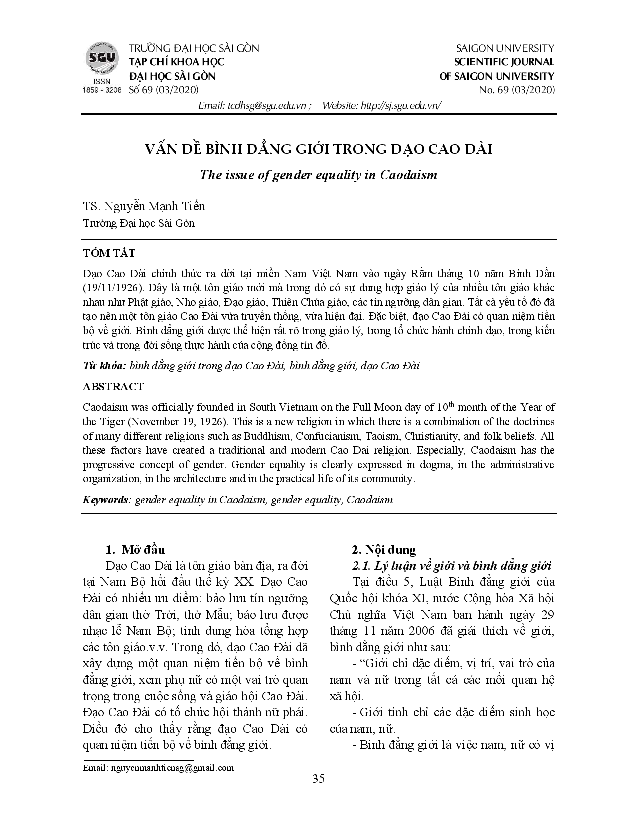 Vấn đề bình đẳng giới trong Đạo Cao Đài  