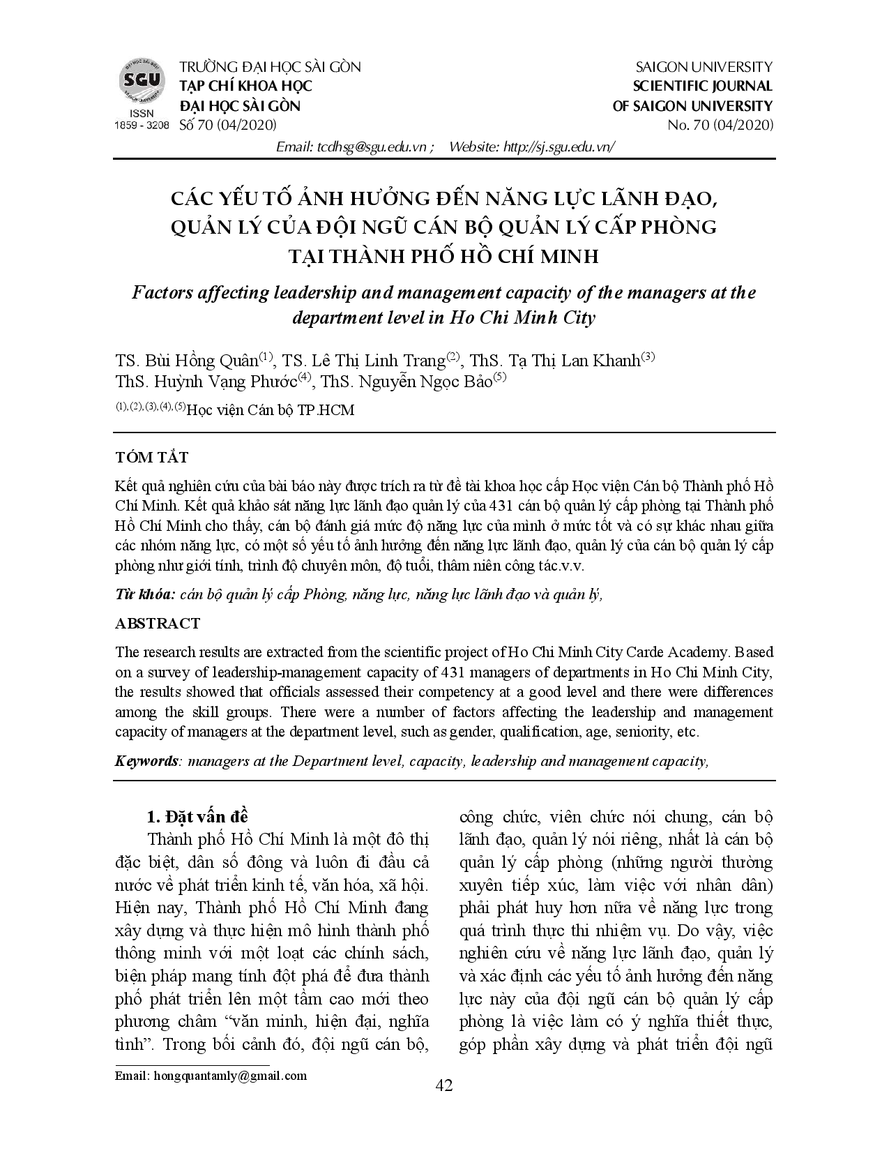 Các yếu tố ảnh hưởng đến năng lực lãnh đạo quản lý của đội ngũ cán bộ quản lý cấp phòng tại Thành phố Hồ Chí Minh  