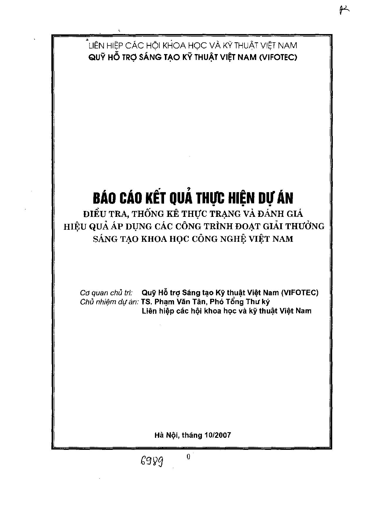 Điều tra, thống kê thực trạng và đánh giá hiệu quả áp dụng các công trình đoạt giải thưởng sáng tạo khoa học công nghệ Việt Nam  