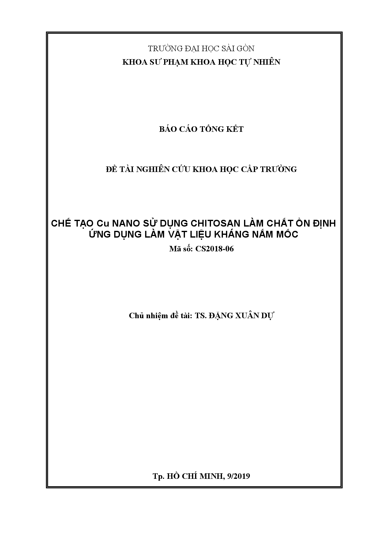 Chế tạo Cu Nano sử dụng chitosan làm chất ổn định ứng dụng làm vật liệu kháng nấm mốc  