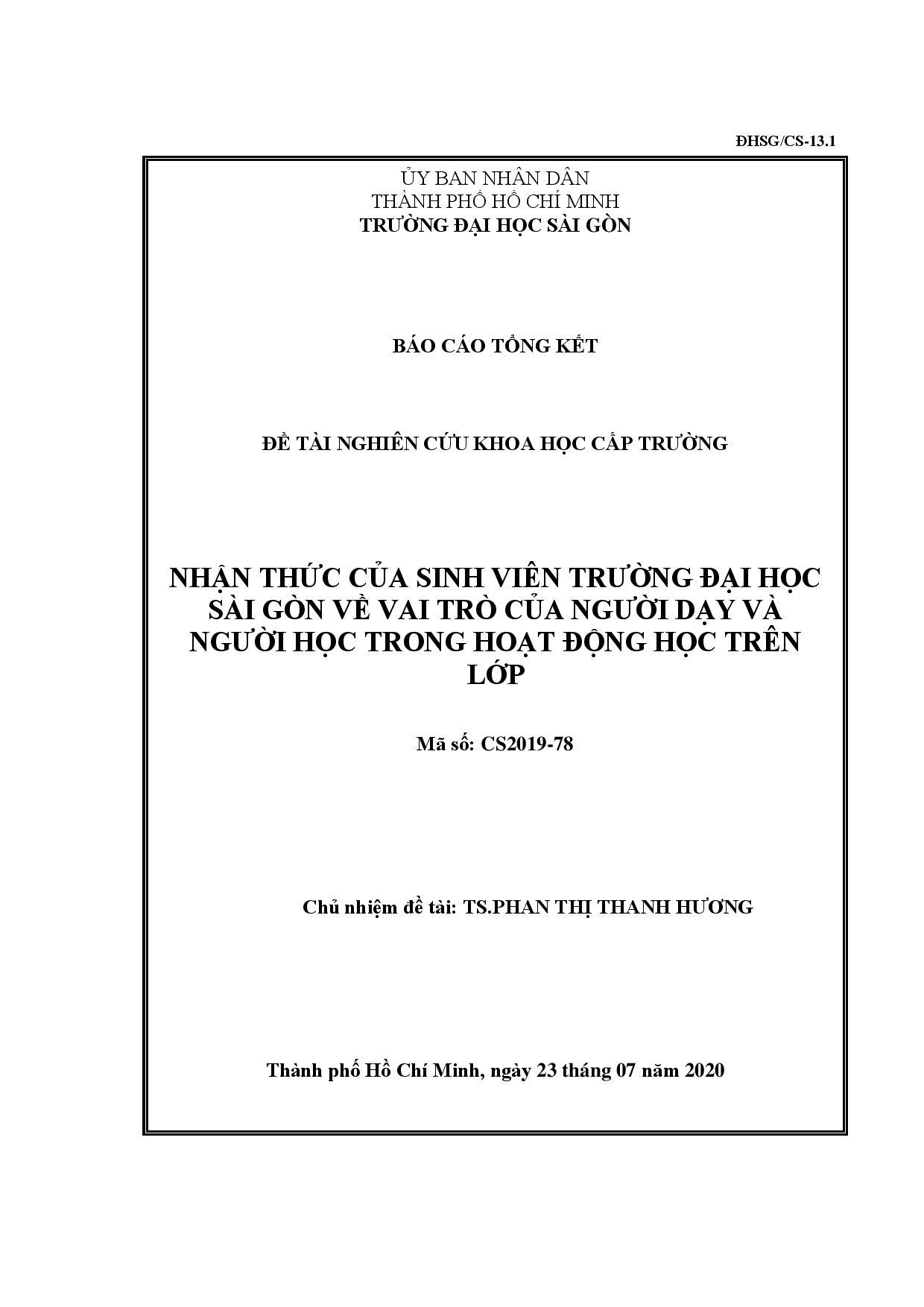 Nhận thức của sinh viên trường Đại học Sài Gòn về vai trò của người dạy và người học trong hoạt động học trên lớp  