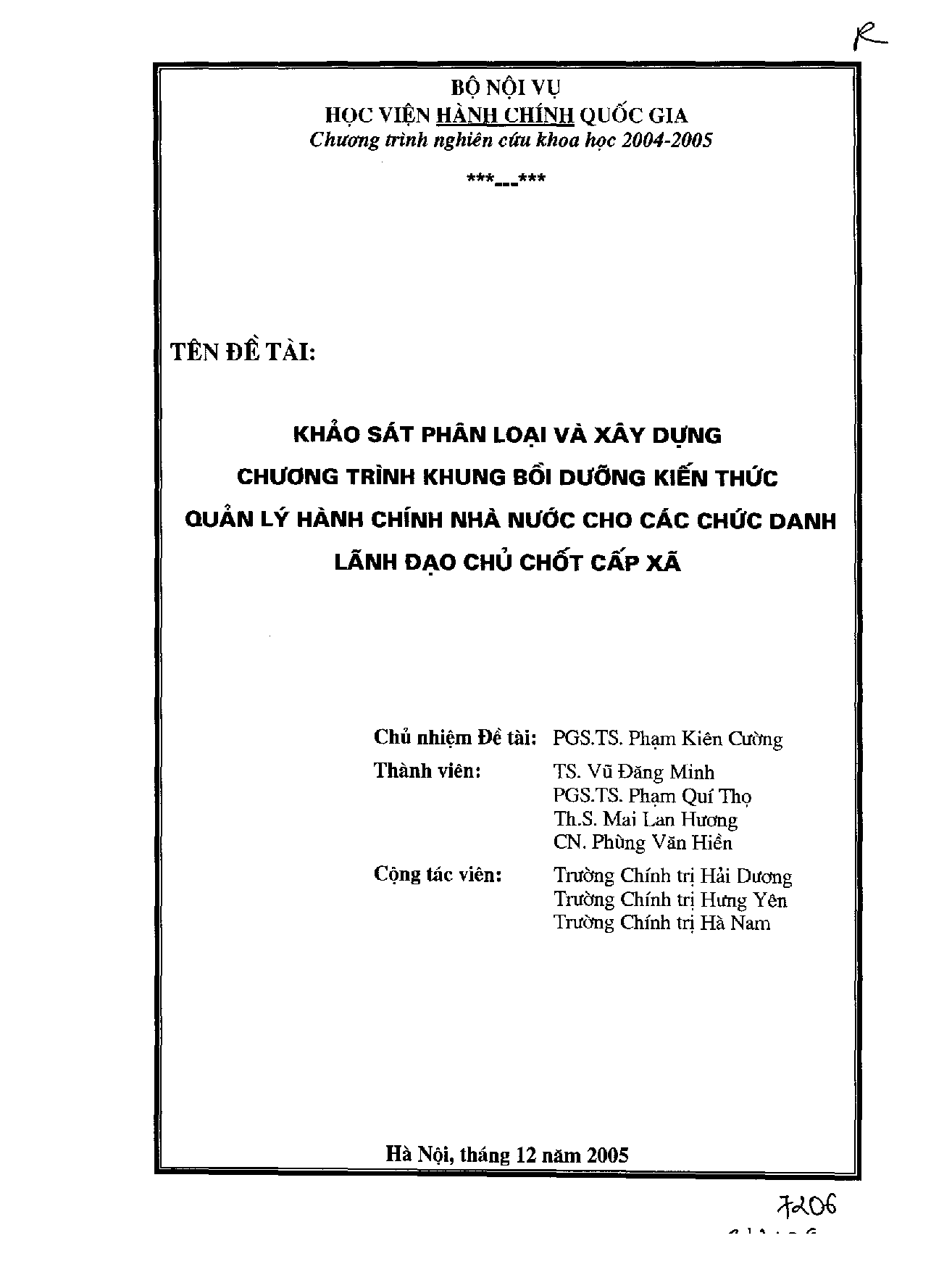 Khảo sát phân loại và xây dựng chương trình khung bồi dưỡng kiến thức quản lý hành chính nhà nước cho các chức danh lãnh đạo chủ chốt cấp xã  