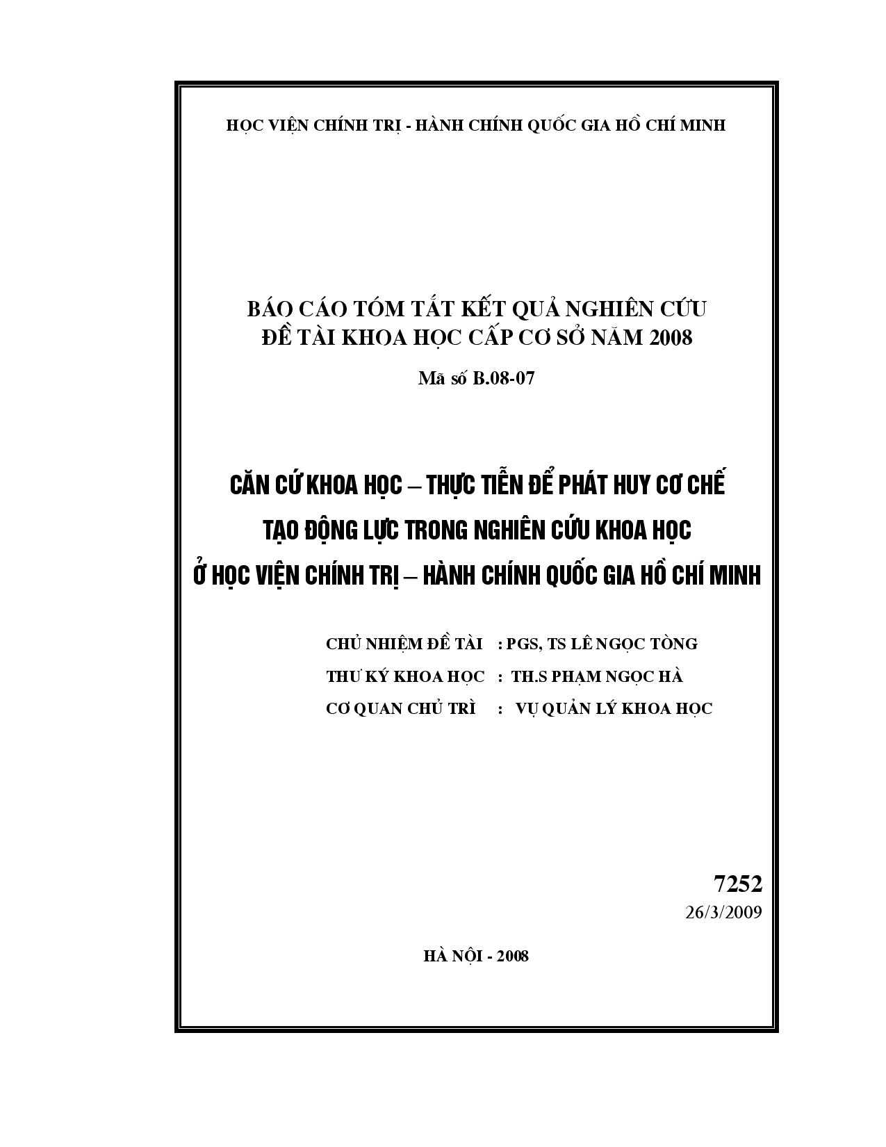 Căn cứ khoa học - thực tiễn để phát huy cơ chế tạo động lực trong nghiên cứu khoa học ở Học viện chính trị - hành chính quốc gia Hồ Chí Minh  