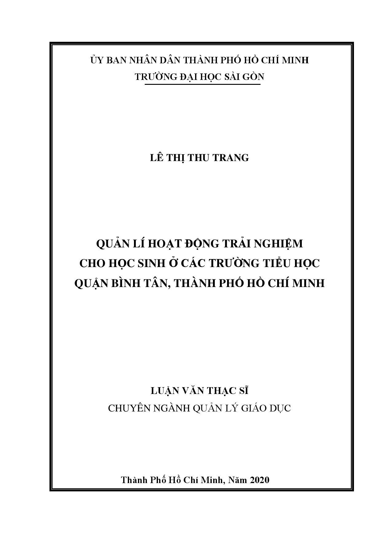 Quản lí hoạt động trải nghiệm cho học sinh ở các trường Tiểu học quận Bình Tân, Thành phố Hồ Chí Minh  