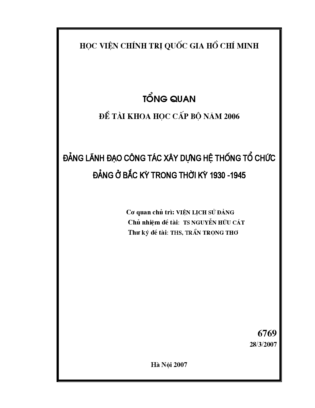 Đãng lãnh đạo công tác xây dựng hệ thống tổ chức Đảng ở Bắc Kỳ trong thời kỳ 1930 - 1945  