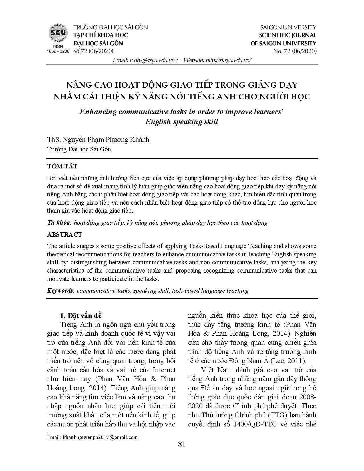 Nâng cao hoạt động giao tiếp trong giảng dạy nhằm cải thiện kỹ năng nói tiếng Anh cho người học  