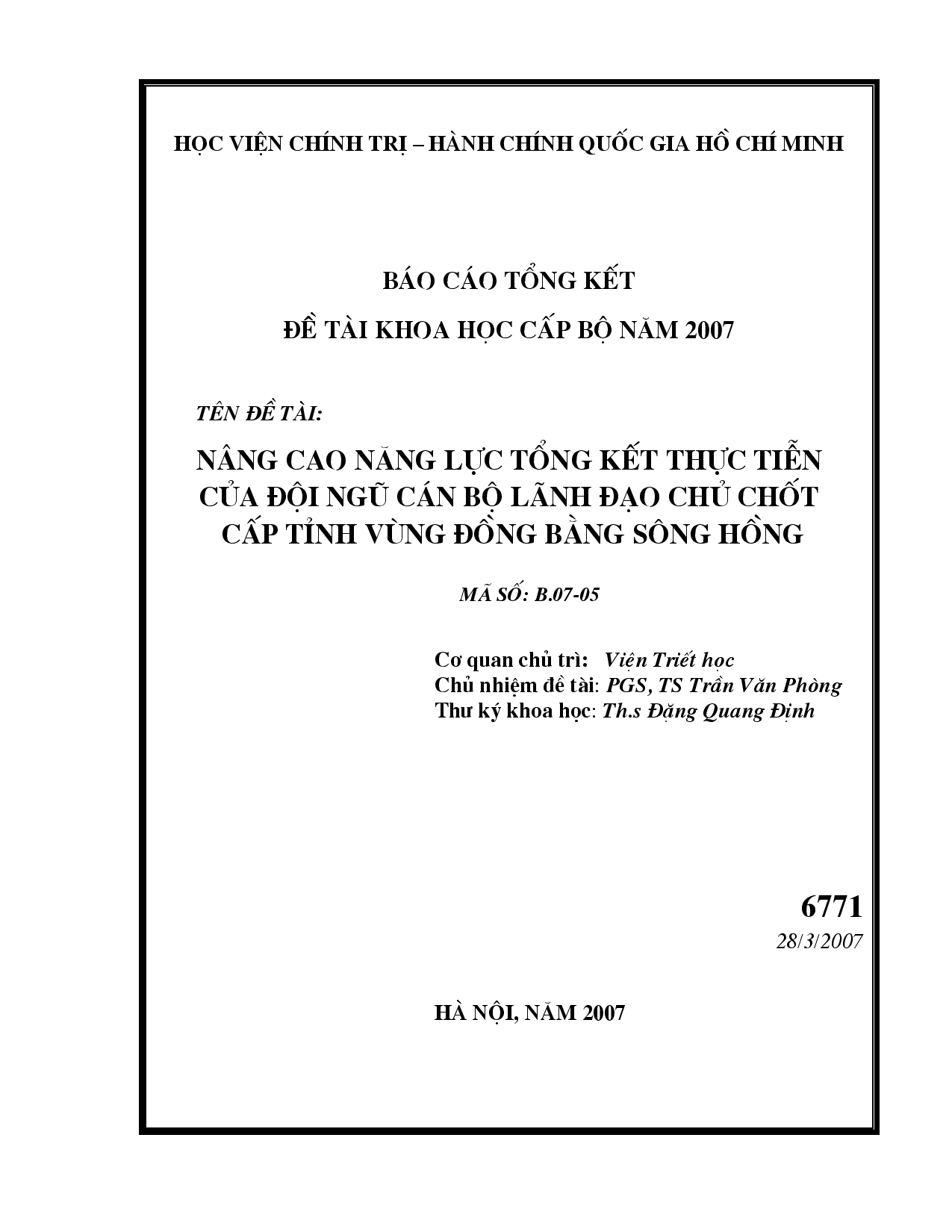 Nâng cao năng lực tổng kết thực tiễn của đội ngũ cán bộ lãnh đạo chủ chốt cấp tỉnh vùng đồng bằng sông Hồng  