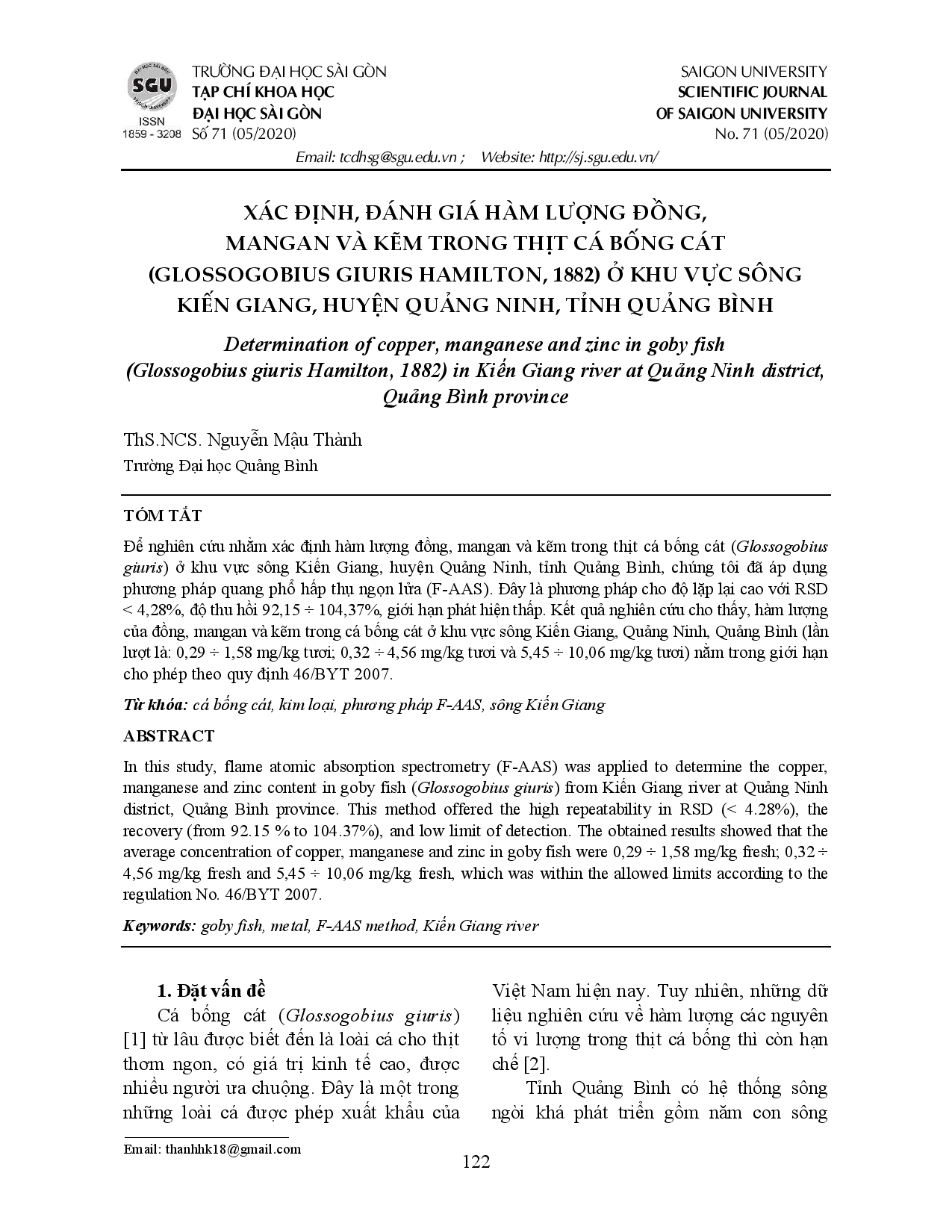 Xác định, đánh giá hàm lượng đồng, mangan và kẽm trong thịt cá bống cát (Glossogobius giuris hamilton, 1882) ở khu vực sông Kiến Giang, huyện Quảng Ninh, tỉnh Quảng Bình  