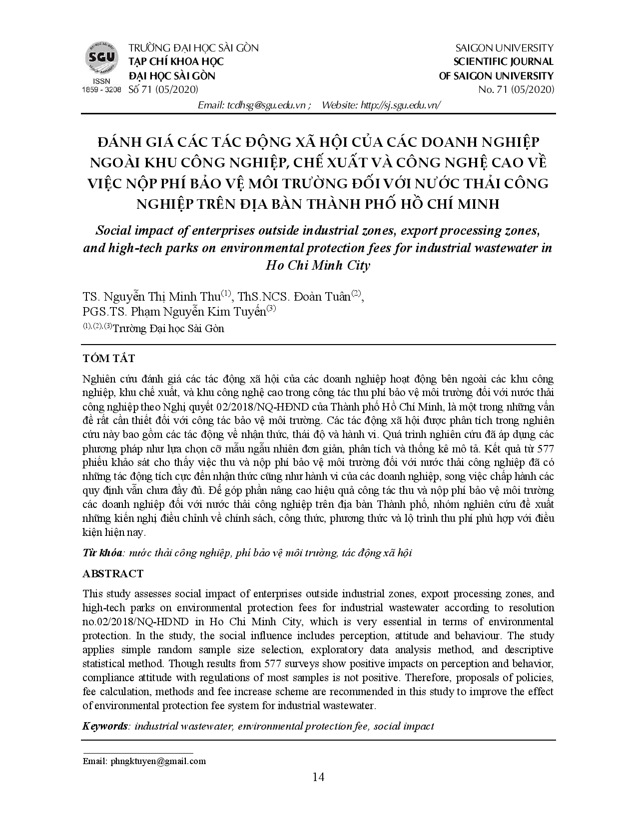 Đánh giá các tác động xã hội của các doanh nghiệp ngoài khu công nghiệp, chế xuất và công nghệ cao về việc nộp phí bảo vệ môi trường đối với nước thải công nghiệp trên địa bàn Thành phố Hồ Chí Minh  