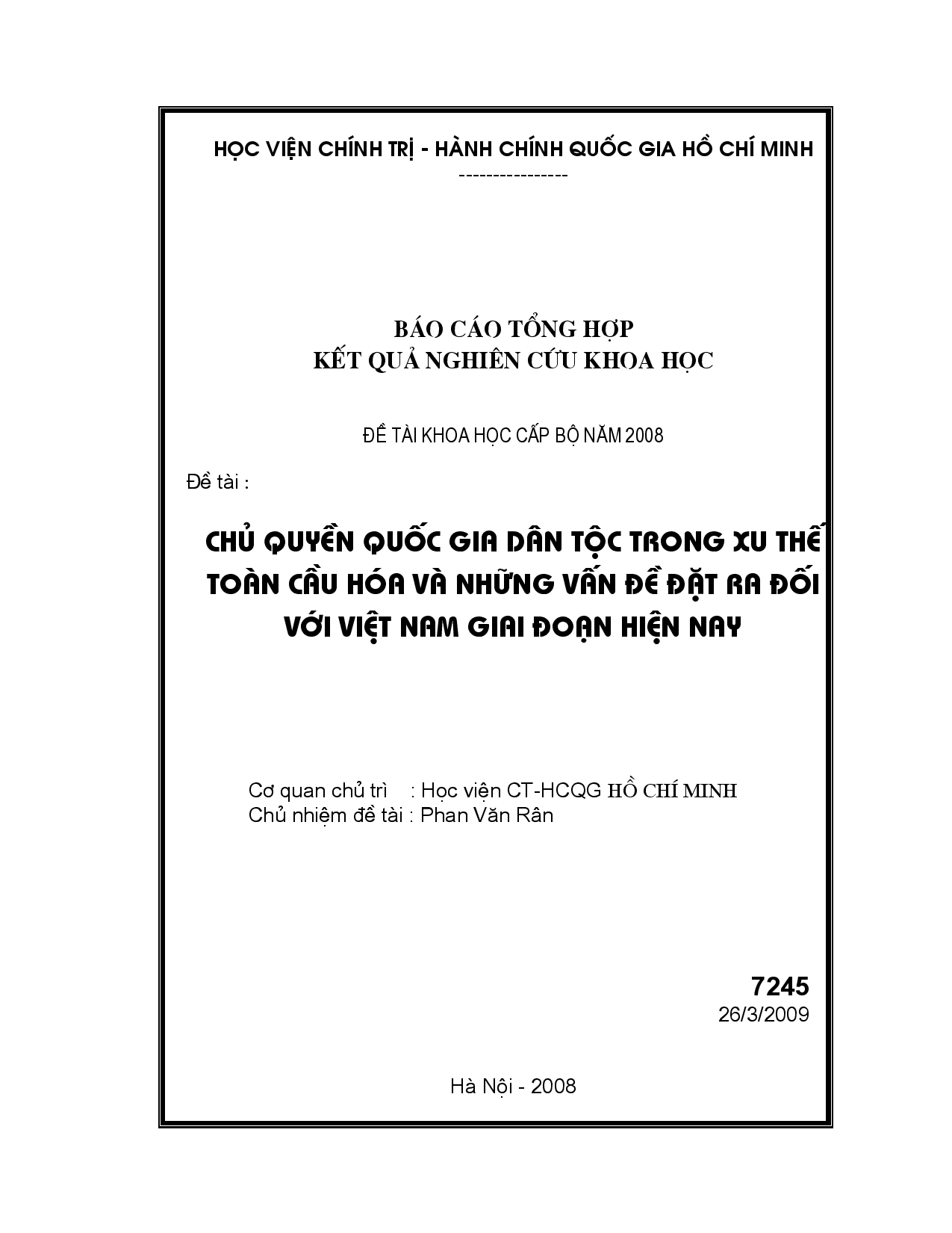 Chủ quyền quốc gia dân tộc trong xu thế toàn cầu hóa và những vấn đề đặt ra đối với Việt Nam  giai đoạn hiện nay  