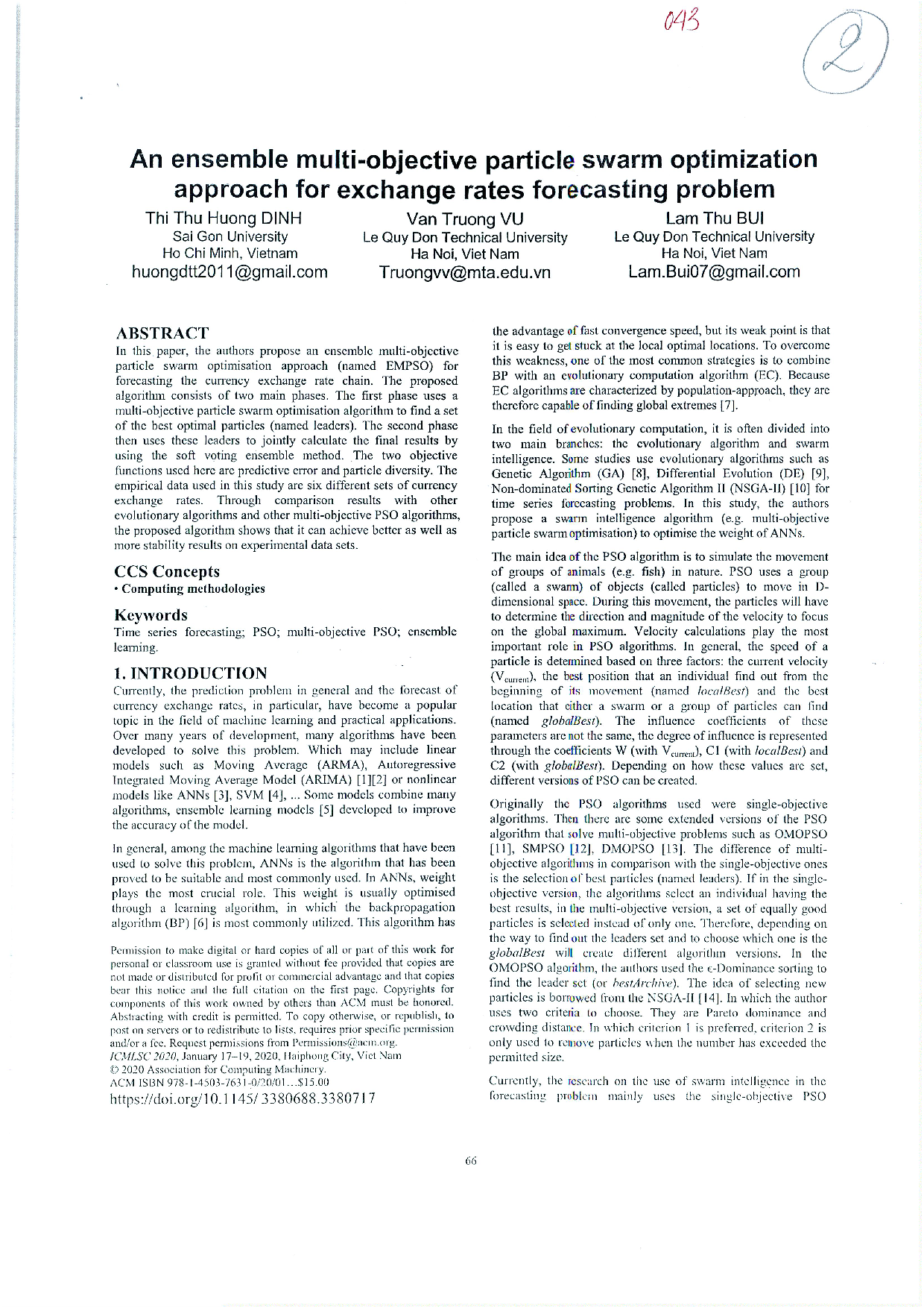 An ensemble multi - objective particle swarm optimization approach for exchange rates forecasting problem  