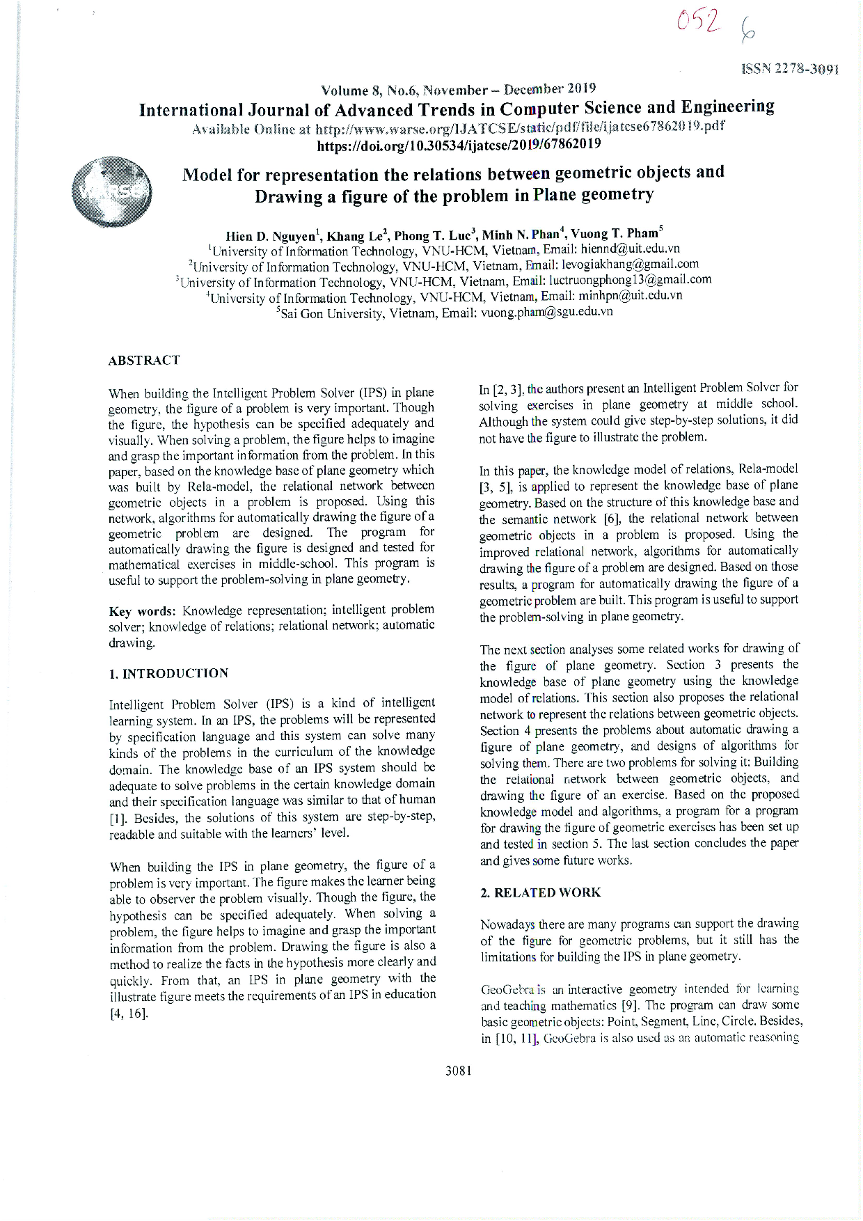 Model for representation the relations between geometric objects and drawing a figure of the problem in plane geometry Vol. 8 